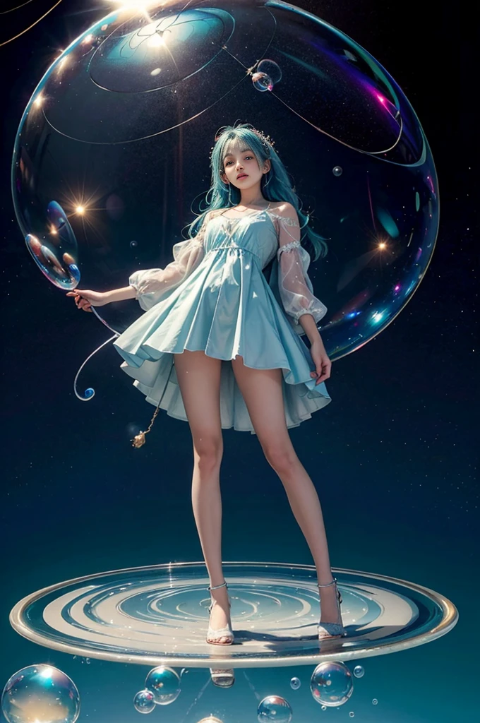 best quality,masterpiec,(((girl inside big soap bubble))),full body,on,((girl in bubble)),in the air,(((wariza in air bubble))),starry sky)),dress,(((wariza))),from afar,((girl inside bubble)),((full body inside bubble)),see-through clothes, medium hair, aqua hair,((from below))