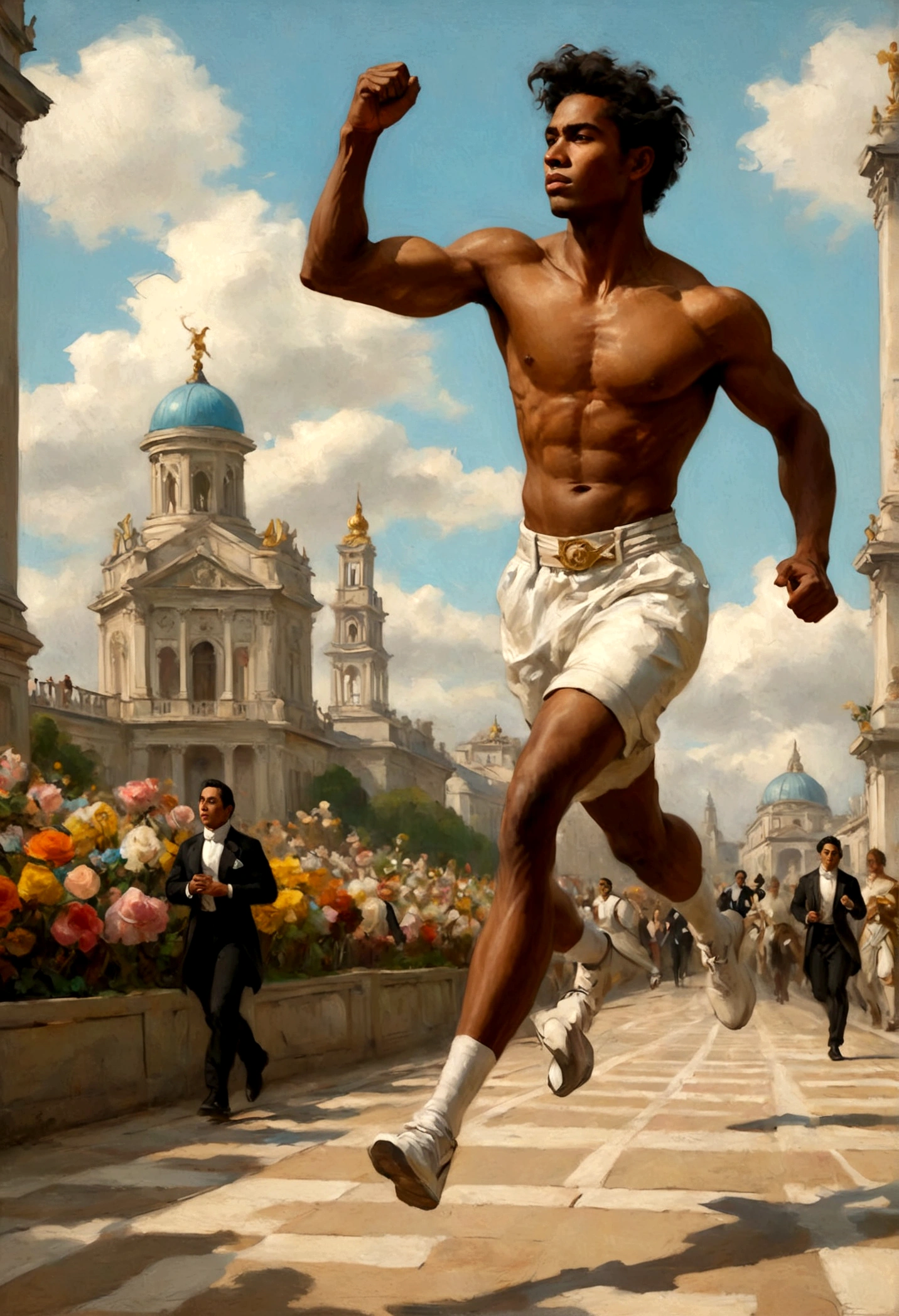 A Rococo -style runway athlete is in a dynamic pose, running. He wears modern athletic clothing in pastel, adorned with lace, subtle bows, gold embroidery and curved lines that evoke rococo art. The race track is surrounded by exuberant gardens with colorful flowers, marble statues and ornate sources. In the background, there is an architecture designed with light shades and gold details, under a blue sky with soft white clouds. In the distance, other blurred athletes run, their steps erased by speed, fighting, but unable to accompany the central protagonist. Its silhouettes mix with the scenery as fleeting shadows, witnesses of the tireless search for victory.