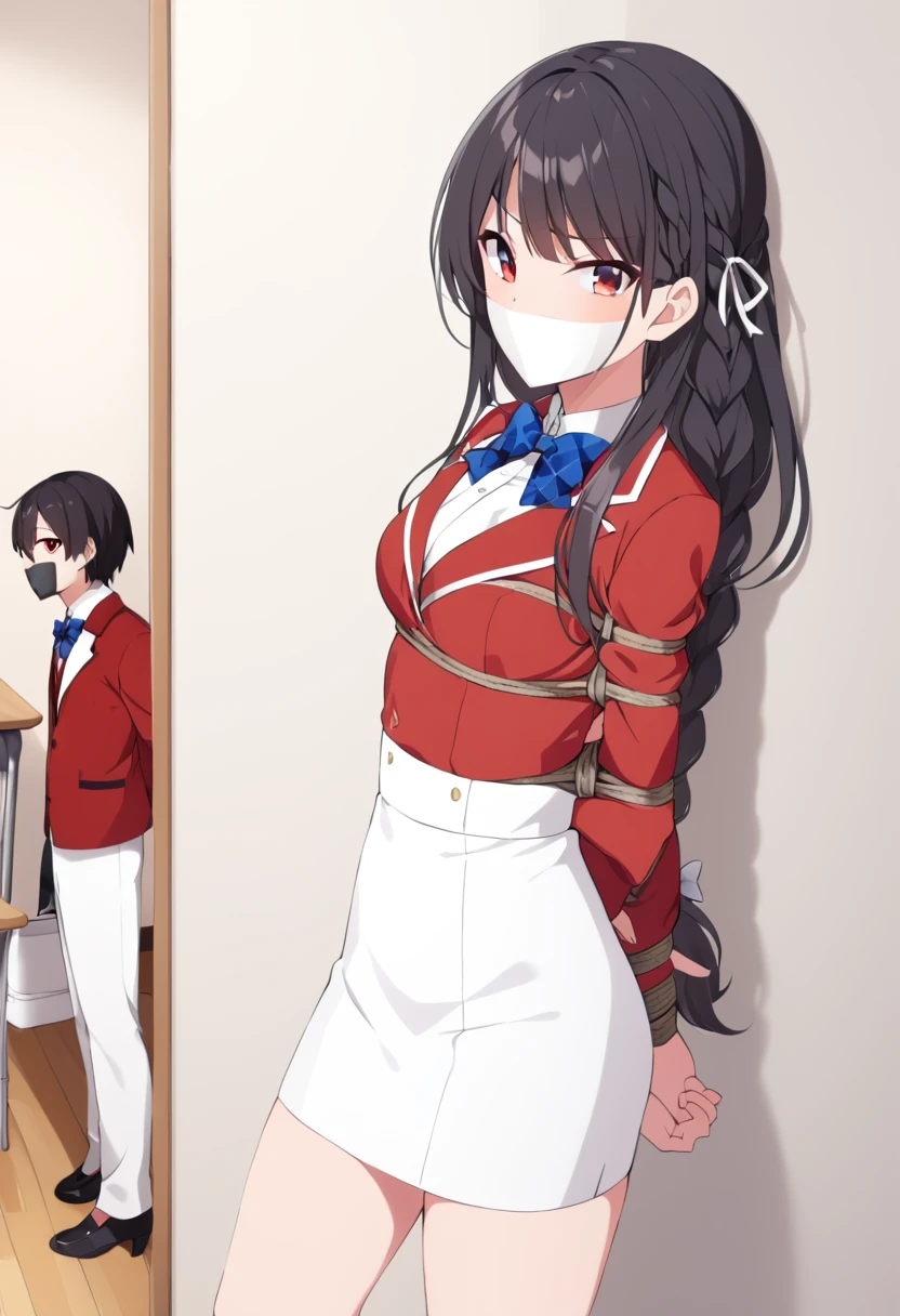 suzunehorikita, suzune horikita, long hair, black hair, (red eyes:1.3), hair ribbon, braid,
BREAK bow, , jacket, bowtie, blue bowtie, blazer, (red blazer:1.5), skirt, long white skirt, pencil skirt, high-waist skirt,long skirt,shoes
BREAK indoors, classroom,
BREAK looking at viewer, (cowboy shot:1.5),
BREAK (masterpiece:1.2), best quality, high resolution, unity 8k wallpaper, (illustration:0.8), (beautiful detailed eyes:1.6), extremely detailed face, perfect lighting,shoes, extremely detailed CG, (perfect hands, perfect anatomy),bound with an excessive amount of ropes), (bound wirsts), (arms behind back), (tapegag, tape gag), dramatic, (looking at viewer), (detailed pupils:1.3)
masterpiece, (best quality), perfect eyes, bound, bondage, (arms behind back:1.4), bdsm, tape gag, rope, rope bondage, close-up, restrained,curled up, best anatomy, full body, standing