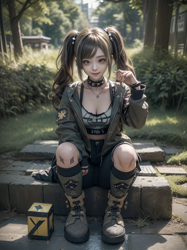 (Hostess:1.3)、(Smiling with teeth showing:1.3),(Shibuya Gal:1.5)、(Landmine Girl:1.4)、(ta Fashion:1.5)、(Punk RockVisual Kei:1.4)、(A modern short jacket in dark grey and moss green.:1.5)、(Tattered brown and charcoal denim low rise cargo pants:1.5)、(Mustard Yellow Headband:1.3)、(Charcoal and khaki strinee socks:1.4)、collar、(Brown platform long boots)、(Clothing with logo pattern:1.4)、20-year-old、Browsing Caution,((Highest quality、In 8K、masterpiece:1.3))、Sharp focus:1.2、(Layered Cut、Huge breasts:1.1),Beautiful woman with perfect figure:1.4、(Doing an aerobics pose:1.3)、Slim Abs:1.2、Butt、Highly detailed face and skin texture、Fine grain、double eyelid,(Twin tails:1.3)、(Brownish golden hair:1.3)、Obscene、Idol Sculpture、(The landscape is a beautiful temple of water and forest:1.3)、(Slimming your legs:1.4)、(The body is slim:1.3)、(clavicle:1.1)