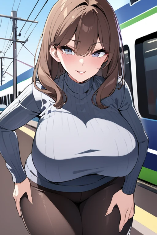 Adult female, busty, voluptuous figure, milf, seductive, train, staring, sultry grin, grabbing ass pose, turtleneck sweater, highly detailed, well-defined eyes, long brown hair, beauty spot on bottom lip, perfect grey eyes, tights
