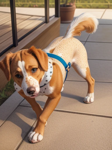 ((Naked Woman outside on the side walking on handsand knees)), ((walking on all four paws)), ((long fluffy dog tail)), ((wider hips)), ((woman reposition herself into dog stand)), ((hands turns into paws)), ((feet turns into paws)), ((woman with freckles)), (topless), brown freckles, freckled pale skin, (cute freckles), (small freckles), freckled, freckles!!!, (freckles), elegant freckles, (brown freckles), (with freckles), freckles on chicks, (dark noticeable freckles), (freckled face), (very brown freckles), rosy cheeks with freckles, (a lot of freckles), Lentigines, (breasts showing), 30 year old woman, ((freckled nose)), ((freckled chest)), hard showing, ((dog ears)) , (dog fur growing) , ((long dog nose)), blue eyes, ((bigger )), ((body reshapes into dog body)), ((anthro dog)), ((full dog transformation)), ((thick body)), ((short dog legs)), ((began like a dog)), (( fluffy)), fluffy woman, ((body fur)), ((animal nose)), muzzle, two-tone fur, gaze at the viewer, half-closed eyes, 1girl, solo, full body, (masterpiece:1.21), (best quality:1.2), (illustration:1.2), (cinematic lighting:1.3), ((detailed fur)), balanced coloring, global illumination, ray tracing, good lighting, a brown and white dog standing on a porch, harnesses, rosy cheeks with freckles, in an action pose