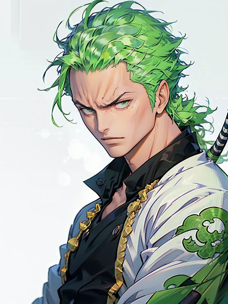 (masterpiece, best quality, Full HD), portrait, tilted head to the side, tilted head, frown, zoro roronoa, green samurai clothes, white background