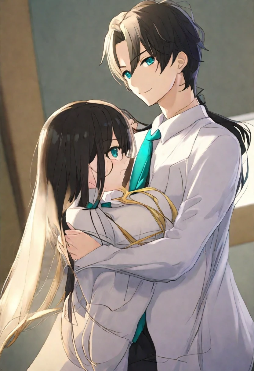 (masterpiece)(best quality)(1girl and 1boy),(1boy with ikemen and tall and long hair)(1girl with black hair and large breasts and very long hair and teal eyes and kawaii)school uniform, tie (class room)22s game style(couple)