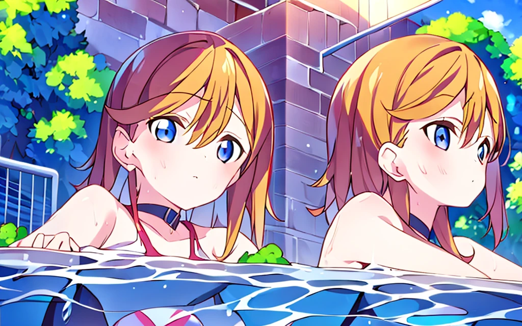 1 girl  Blue  eye  Twin tell hair tsurime Swimsuit bikini lying on the pool side  side on the bikini