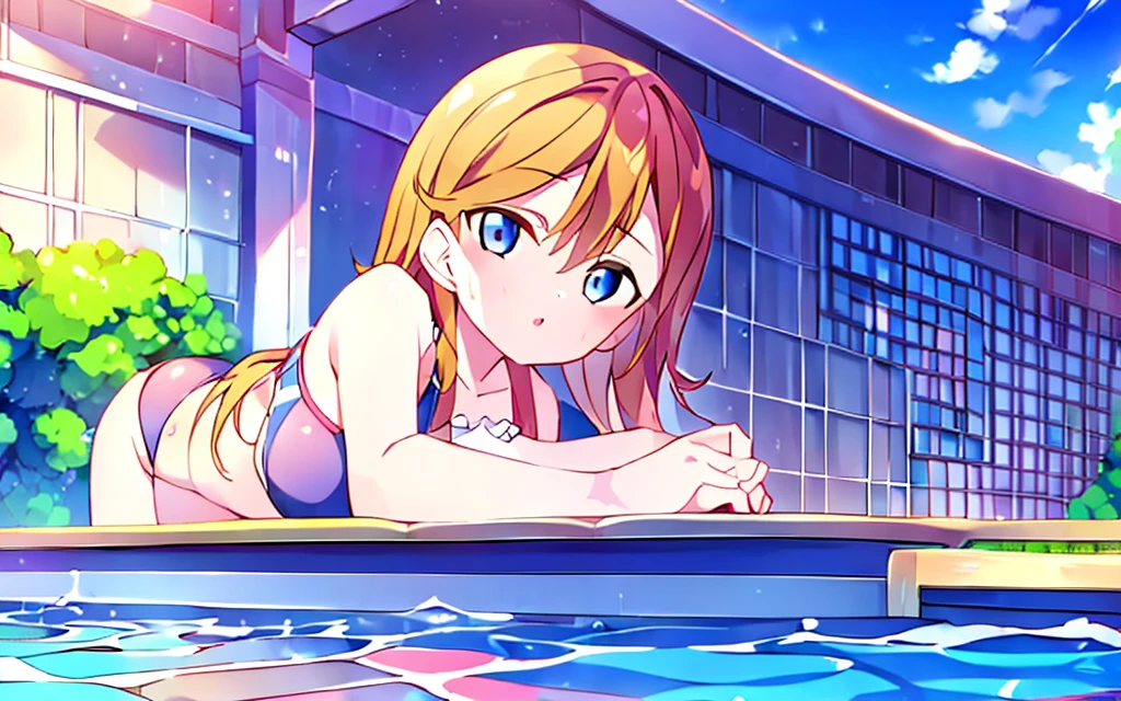 1 girl  Blue  eye  Twin tell hair tsurime Swimsuit bikini lying on the pool side  side on the bikini