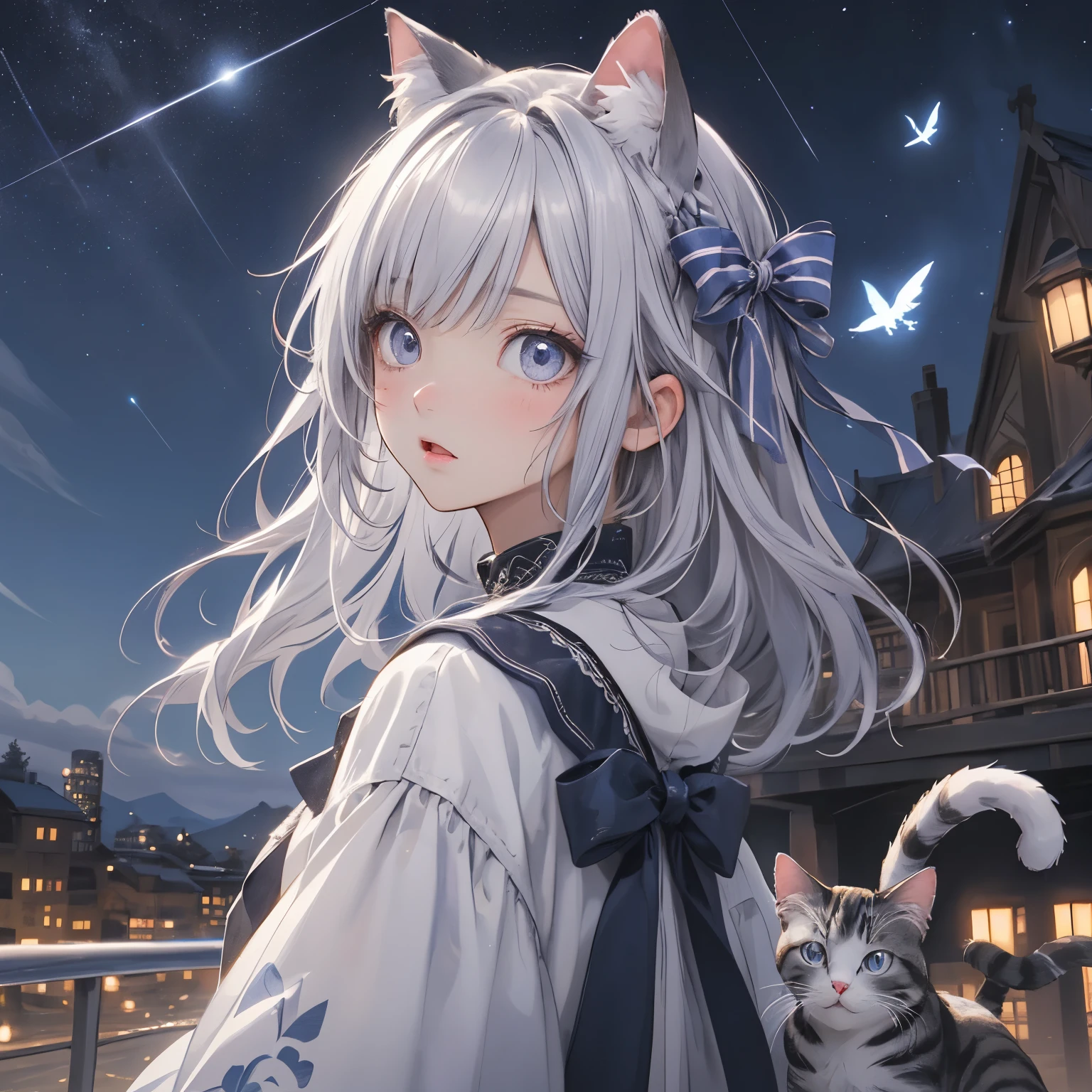 (masterpiece), Highest quality, Ultra-high resolution,Cat with silver ribbon、Silver colored hair、Silver colored eyes、Silver colored clothes、UFO、Pointing to the sky、Surprised、Night Sky、Horizontal angle
