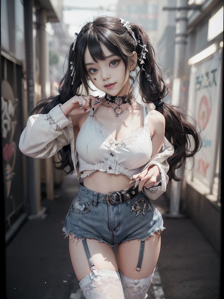 (Full Body View:1.4)、(Full body:1.4)、(Smiling with teeth showing:1.3),(Shibuya Gal:1.5)、(Hollywood actress:1.4)、(gothic loli fashion:1.5)、(Punk RockVisual Kei:1.3)、(Futuristic  doll in black, white and denim:1.5)、(White denim and a delicate beige and white rider jacket:1.5)、(Denim garter belt:1.5)、(Denim and white cargo pants:1.3)、(Heart-shaped silver accessories:1.5)、(Brown Skin Belt:1.4)、(Blue High Heels:1.4)、(Lace patterned underwear:1.4)、20-year-old、NSFW,((Highest quality、In 8K、masterpiece:1.3))、Sharp focus:1.2、(Layered Cut、Beautiful boobs:1.1),Beautiful woman with perfect figure:1.4、(Doing an aerobics pose:1.3)、Slender Abs:1.2、Butt、Highly detailed face and skin texture、Detailed eyes、double eyelid,(Twin tails:1.3)、(Black brown hair:1.3)、Obscene、Gravure idol、(The background is the gorgeous Academy Awards red carpet:1.3)、(Make your legs thinner:1.4)、(Thin thighs:1.4)、(Slim body:1.3)、(clavicle:1.1)