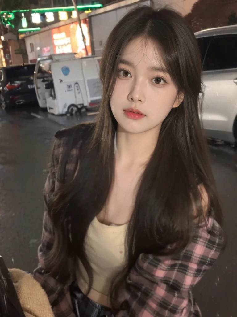 ((best quality, 8K, masterpiece:1.3)), Key Points:1.2, Perfect body beauty:1.4, Hips:1.2, ((Layered Hairstyle, Chest:1.2)), (Wet clothes:1.1) , (rain, street:1.3), Loose cropped T-shirt: 1.1, Delightful pleated skirt, Highly detailed face and skin texture, beautiful eyes, Double eyelids, Skin Whitening, Messy hair: 1.2, Long hair, (Residence: 1.3),