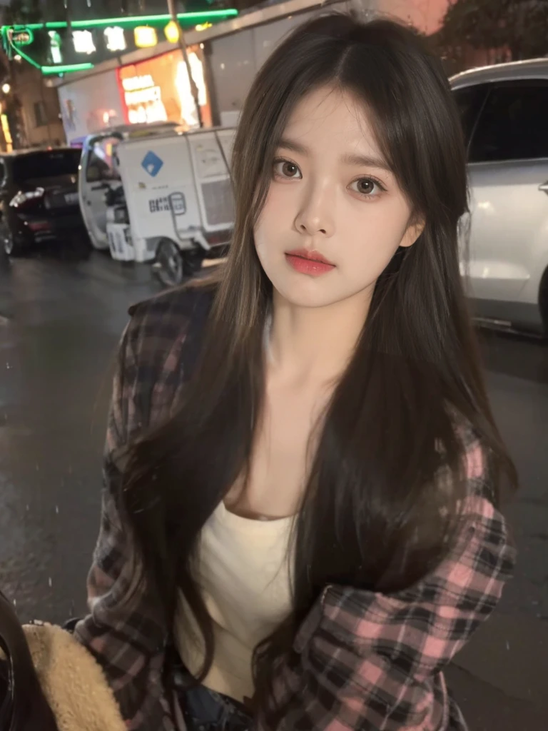 ((best quality, 8K, masterpiece:1.3)), Key Points:1.2, Perfect body beauty:1.4, Hips:1.2, ((Layered Hairstyle, Chest:1.2)), (Wet clothes:1.1) , (rain, street:1.3), Loose cropped T-shirt: 1.1, Delightful pleated skirt, Highly detailed face and skin texture, beautiful eyes, Double eyelids, Skin Whitening, Messy hair: 1.2, Long hair, (Residence: 1.3),