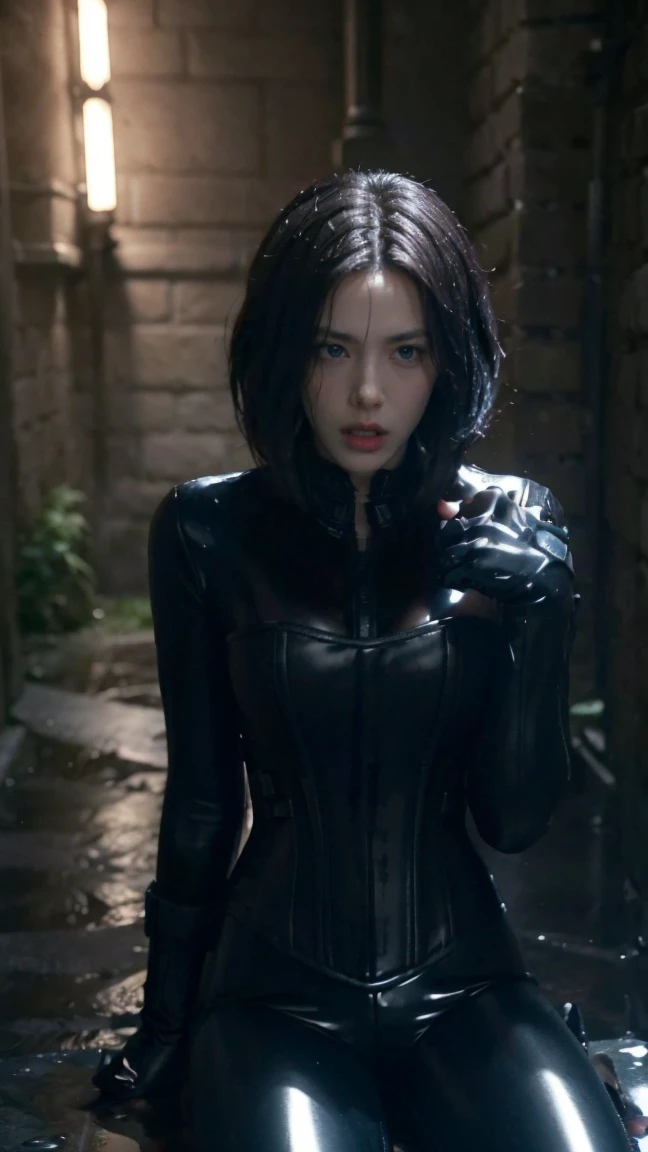 (masterpiece), best quality, expressive eyes, perfect face, underworld death dealer, underworld, Zipper, latex bodysuit, black hair, vampire fang, HD, sitting, leather corset, blue eyes, Kate beckinsale, British, gun, legs, wet, holster, leather boots, selfie, sweating slime, gloves, pink nipples, five fingers 