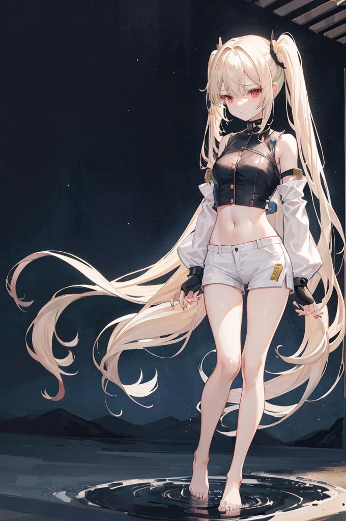 Beige hair,Twin tails,Red eyes,Very long hair, Shiny Hair.,Beautiful girl，（Long black shirt, Unbutton the bottom button of your shirt（Showing your belly button），Shorts，Bare shoulders）(Do not sleeve,Wide sleeves),(Fingerless gloves)，（Transparent Clothes Transparent 1.8），Perfect body，thin thighs，thin，(Sad，Looks haggard ，sorrow，shut up：1.2） Against the background of an unusually bright dark starry sky，（Put your hands behind your back），（round,room, Firm breasts），barefoot，float，water surface，（Long Row，Long Row，Long Row，completion），，。