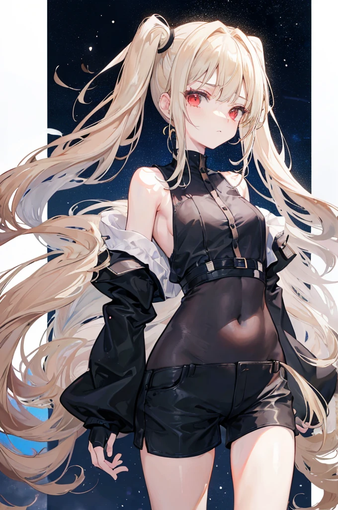 Beige hair,Twin tails,Red eyes,Very long hair, Shiny Hair.,Beautiful girl,(Long black shirt, Unbutton the bottom button of your shirt(Showing your belly button),Shorts,Bare shoulders)(Do not sleeve,Wide sleeves),(Fingerless gloves),(Transparent Clothes Transparent 1.8),Perfect body,thin thighs,thin,(Sad,Looks haggard ,sorrow,shut up:1.2) Against the background of an unusually bright dark starry sky,(Put your hands behind your back),(round,room, Firm breasts),barefoot,float,water surface,(Long Row,Long Row,Long Row,completion),,。