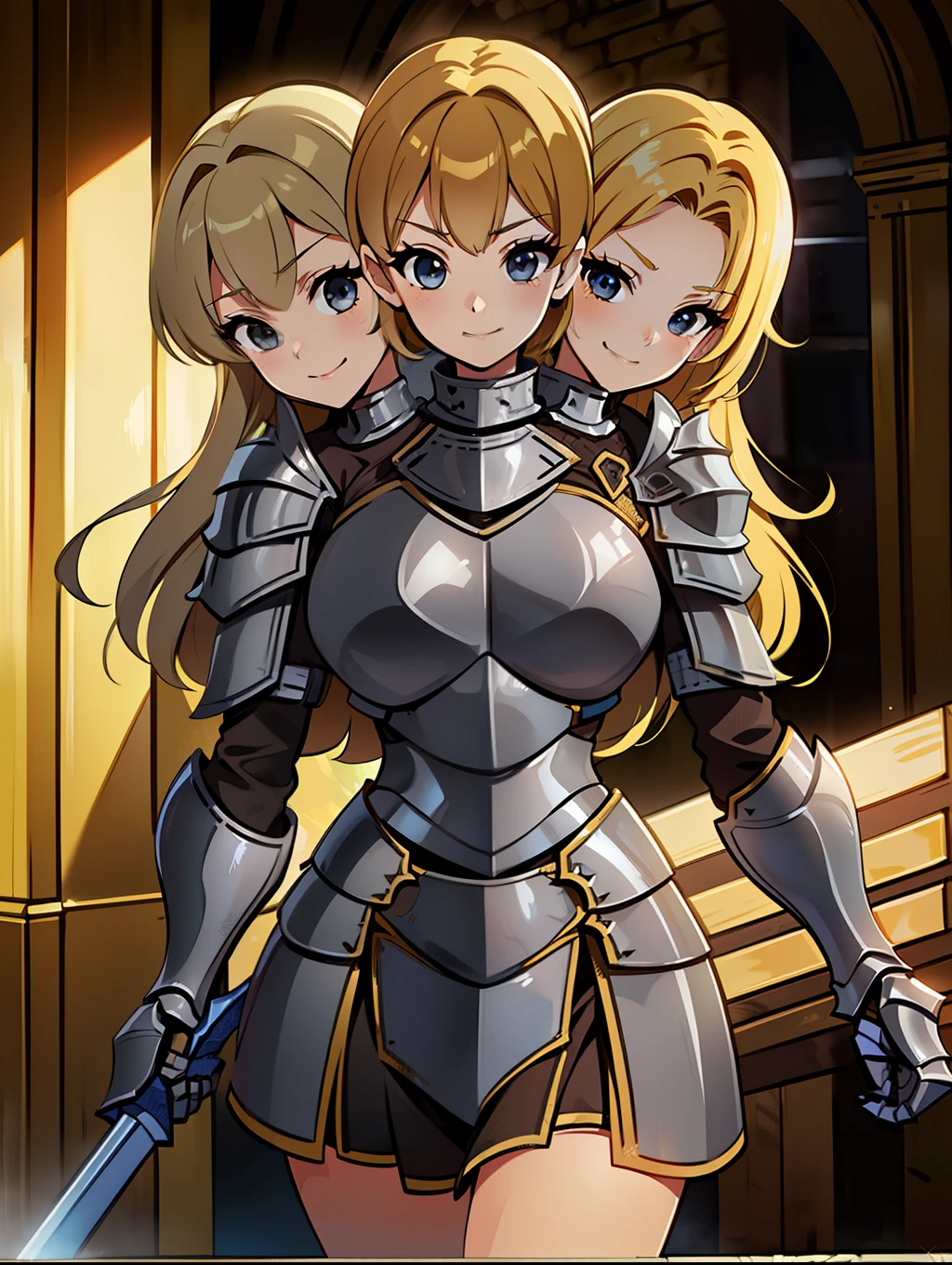 (masterpiece),(ultra-detailed), (high quality), (high resolution), (best quality:1.5, highres, UHD), highres, absurdo, ultra detail, ultra quality, (2heads:1.5), 1girl, ((golden blonde hair)), thighs, (gray armor), female warrior, (fully armored), (medieval outfit), (black eyes), (armored chest piece), gorgeous female knight, Guild Clothes with Armor, Fantasyart:1.5, (1 Female Knight:1.5), Detailed and detailed depiction armor, (seductive smirk), detailed eyes, sword hilt