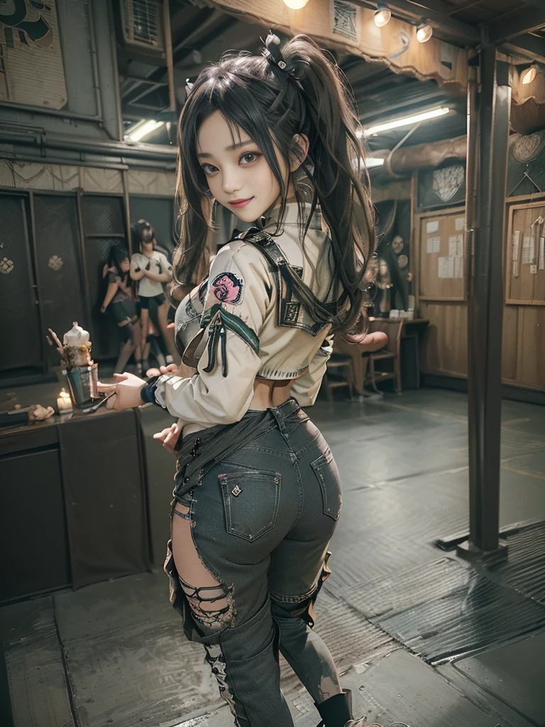 (Full Body View:1.3)、(Back view:1.4)、(Hostess:1.3)、(Smiling with teeth showing:1.3),(Shibuya Gal:1.5)、(y2k woman:1.4)、(Lolita Fashion:1.5)、(Punk RockVisual Kei:1.4)、(A modern short jacket in dark grey and moss green.:1.5)、(Tattered brown and charcoal denim low rise cargo pants:1.5)、(Mustard Yellow Headband:1.3)、(Charcoal and khaki striped knee socks:1.4)、collar、(Brown platform long boots)、(Clothing with logo pattern:1.4)、20-year-old、(Doing an aerobics pose:1.3)、NSFW,((Highest quality、In 8K、masterpiece:1.3))、Sharp focus:1.2、(Layered Cut、Huge boobs:1.1),Beautiful woman with perfect figure:1.4、(Dancing vigorously:1.3)、(Open legs:1.3)、(Raise your arms:1.2)、(Open your crotch:1.3)、Slender Abs:1.2、Butt、Highly detailed face and skin texture、Detailed eyes、double eyelid,(Twin tails:1.3)、(Cream colored hair:1.3)、Dynamic Pose、Obscene pose、Humiliating pose、Gravure idol、(Luxurious amusement park at night:1.3)、(Make your legs thinner:1.4)、(Slim body:1.3)、(clavicle:1.1)