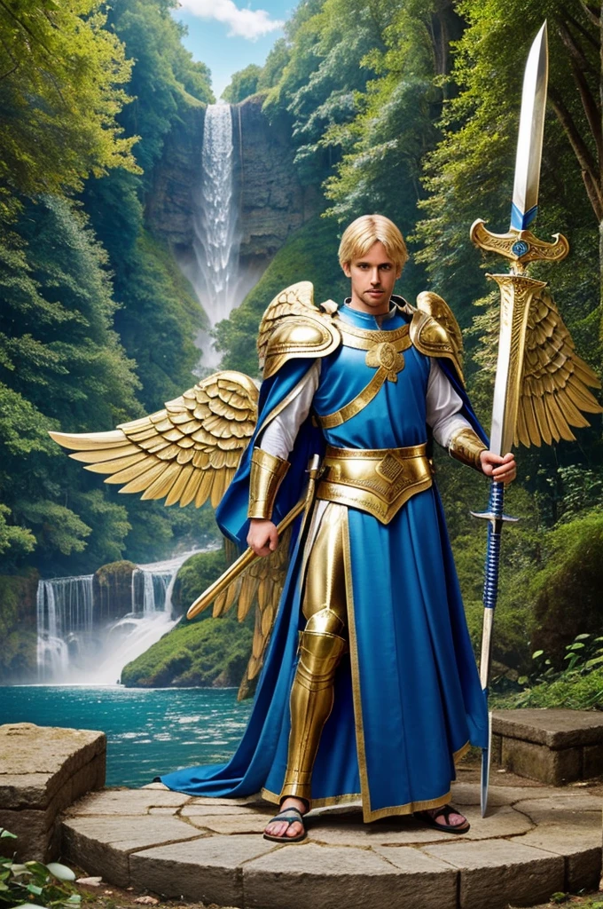 Very beautiful blonde archangel with blue eyes Roman general clothing with golden breastplate and blue Roman sandals with large wings sword in the right hand and shield with writing that says Who is like God in Aramaic in a forest with a waterfall behind him and a blue sky where different birds fly, all of them with colorful plumage