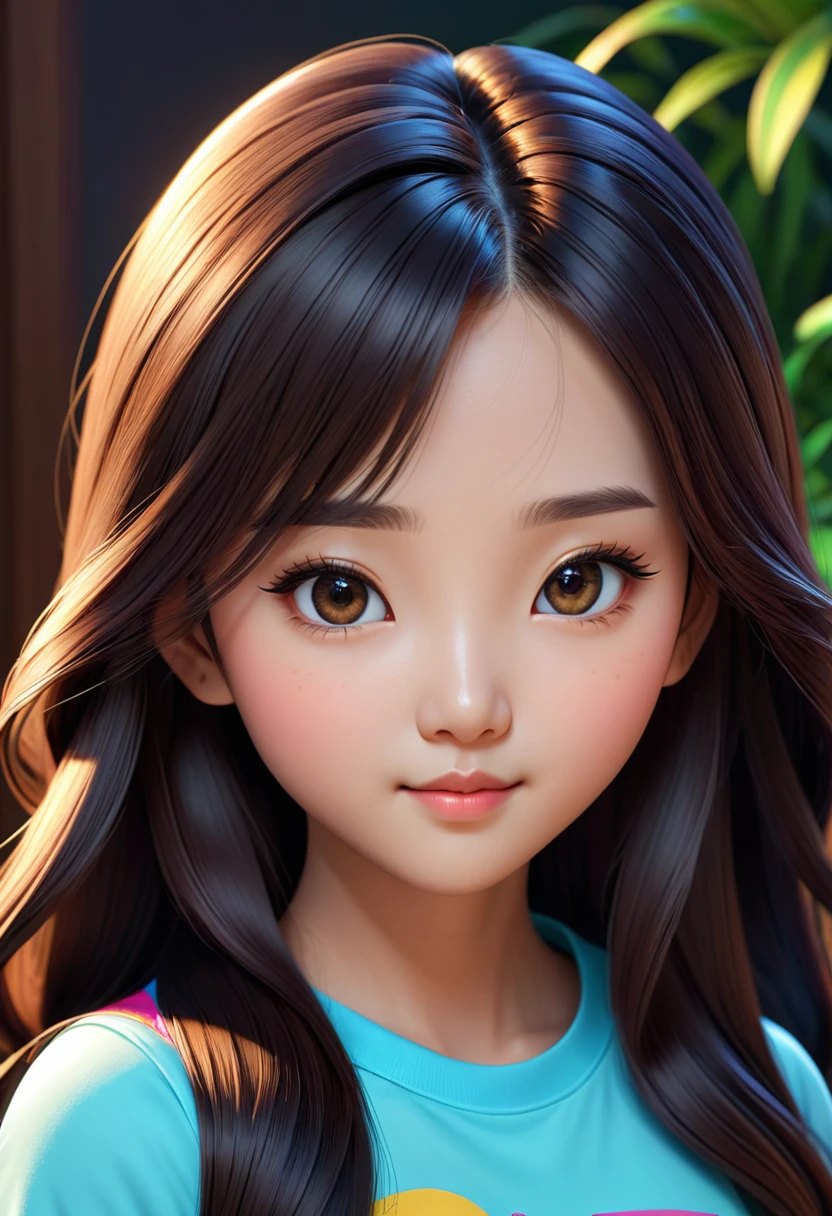 A cute girl, 3D cartoon character, vivid color, portrait, super sharp, super detailed, girl with long hair, Asian , ((face look at camera))