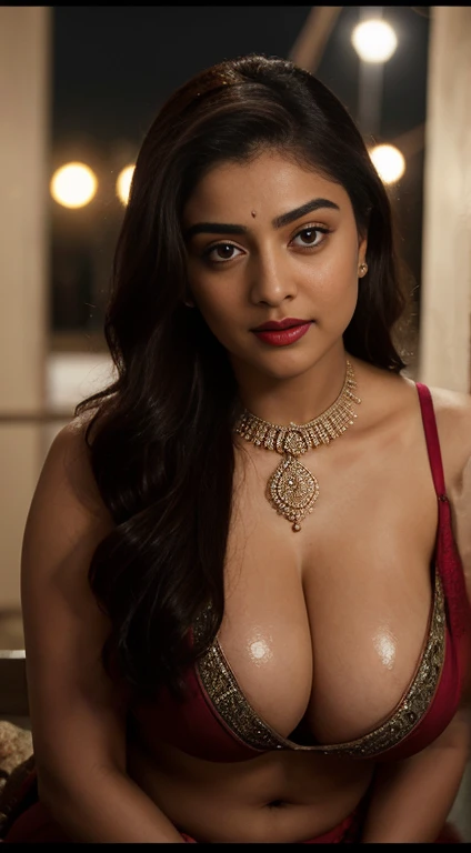 night scene from top view, extreme close up photo of naked maya ali, Deepika, Aishwarya, kareena, Amrita khan, big cheeks, hourglass figure, swooping breasts, deep cleavage, seducing on road, showing deep cleavage, open arms, saree, necklace, red lips, sultry, look at viewer luciously, (cinematic:1.3), intricate details, (ArtStation:1.2)