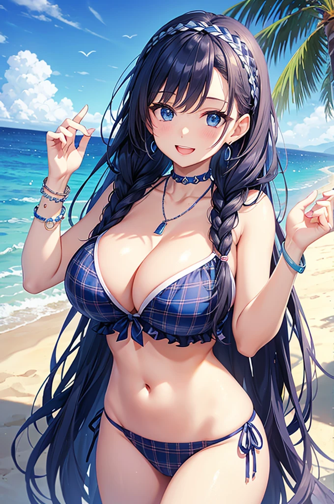 Highest quality、Highest quality、masterpiece、Beauty(Age 25)、Navy blue long hair(Braided sides)、blue eyes、Sexy plaid bikini、Big cleavage、(Big Breasts),smile、blue necklace、Blue Earrings、background(Beach)、Please open your mouth wide、head band、bracelet、Dynamic pose、Blue choker