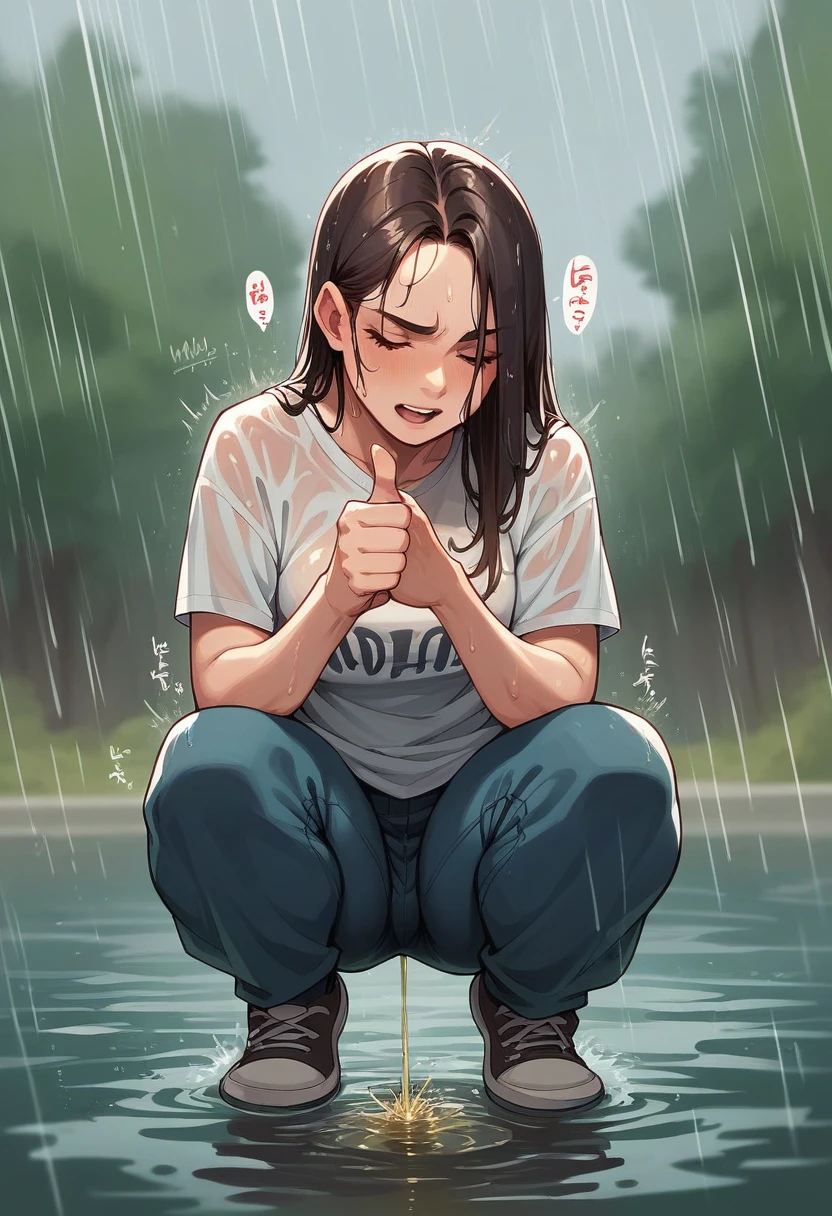 In a clear water ditch there is a beautiful 20 year old Indonesian girl squatting
Sexy and while urinating, while giving a thumbs up in the atmosphere of heavy rain. Real HD photos are very detailed, rain effects, wet clothes effects, water effects