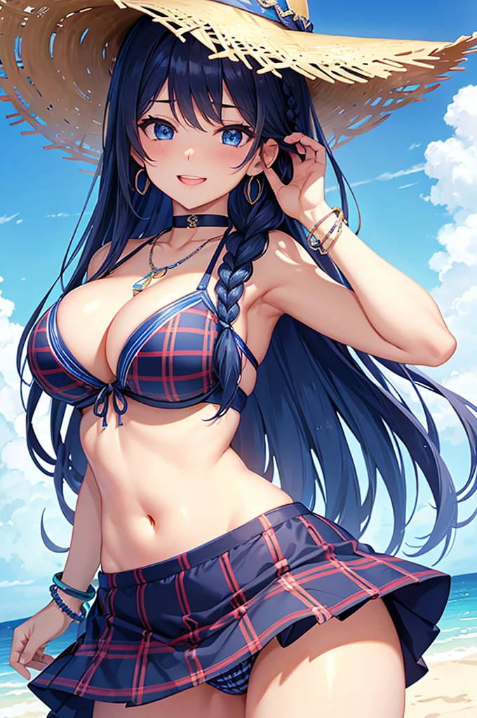 Highest quality、Highest quality、masterpiece、Beauty(Age 25)、Navy blue long hair(Braided sides)、blue eyes、Sexy plaid bikini、Big cleavage、(Big Breasts),smile、blue necklace、Blue Earrings、background(Beach)、Please open your mouth wide、head band、bracelet、Dynamic pose、Blue choker