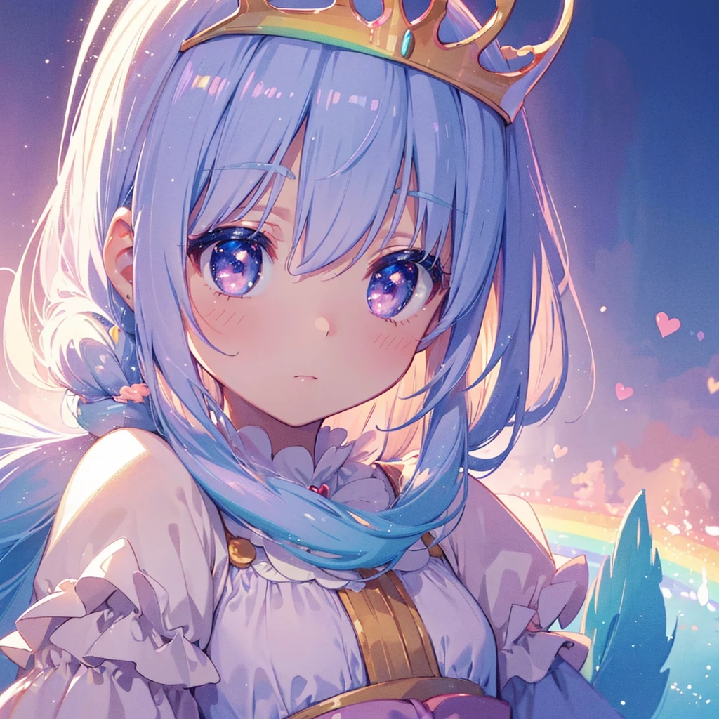 ((best quality, high resolution)), (delicate illustration), (pastelcolor), ((cute:1.3)), 4k,
1 girl, very cute, tall, tareme, (expressionless), (((princess))), tiara, Fishtail Braid, Rainbow hair, (close-up), spoken heart,