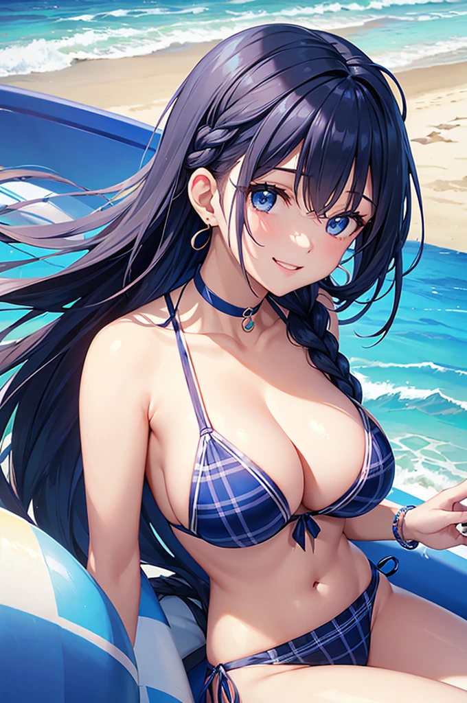 Highest quality、Highest quality、masterpiece、Beauty(Age 25)、Navy blue long hair(Braided sides)、blue eyes、Sexy plaid bikini、Big cleavage、(Big Breasts),smile、blue necklace、Blue Earrings、background(Beach)、Please open your mouth wide、head band、bracelet、Dynamic pose、Blue choker