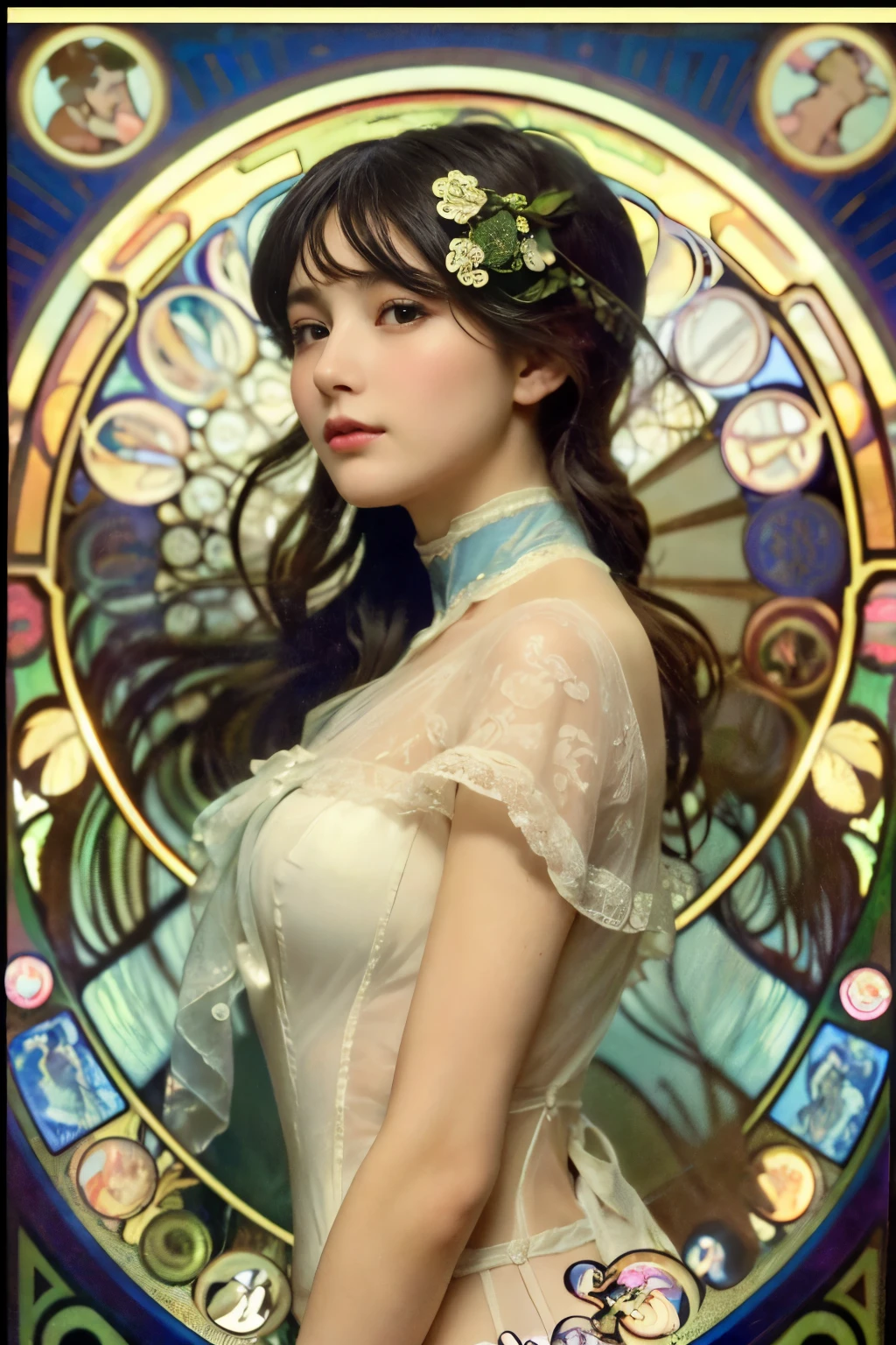 
((masterpiece:1.4, Highest quality)), (Realistic photos:1.4), (artwork),
((1 Girl)), (Otherworldly beauty), (dream-like),
(超High resolution:1.2), Very delicate and beautiful, wonderful, Very detailedな CG Unity 8k 壁紙, Very detailed, High resolution, 
Soft Light, Beautiful detailed girl, Very detailedな目と顔, Beautiful and exquisite nose, Beautiful and exquisite, 
(Dressed in early 20th century French costume:1.3),
Cinema Lighting, Perfect Anatomy, Slender body, (Parted bangs),
(Portrait of a Girl by Alphonse Mucha:1.5), (Abstract Background), (Designed picture background),
Cowboy Shot