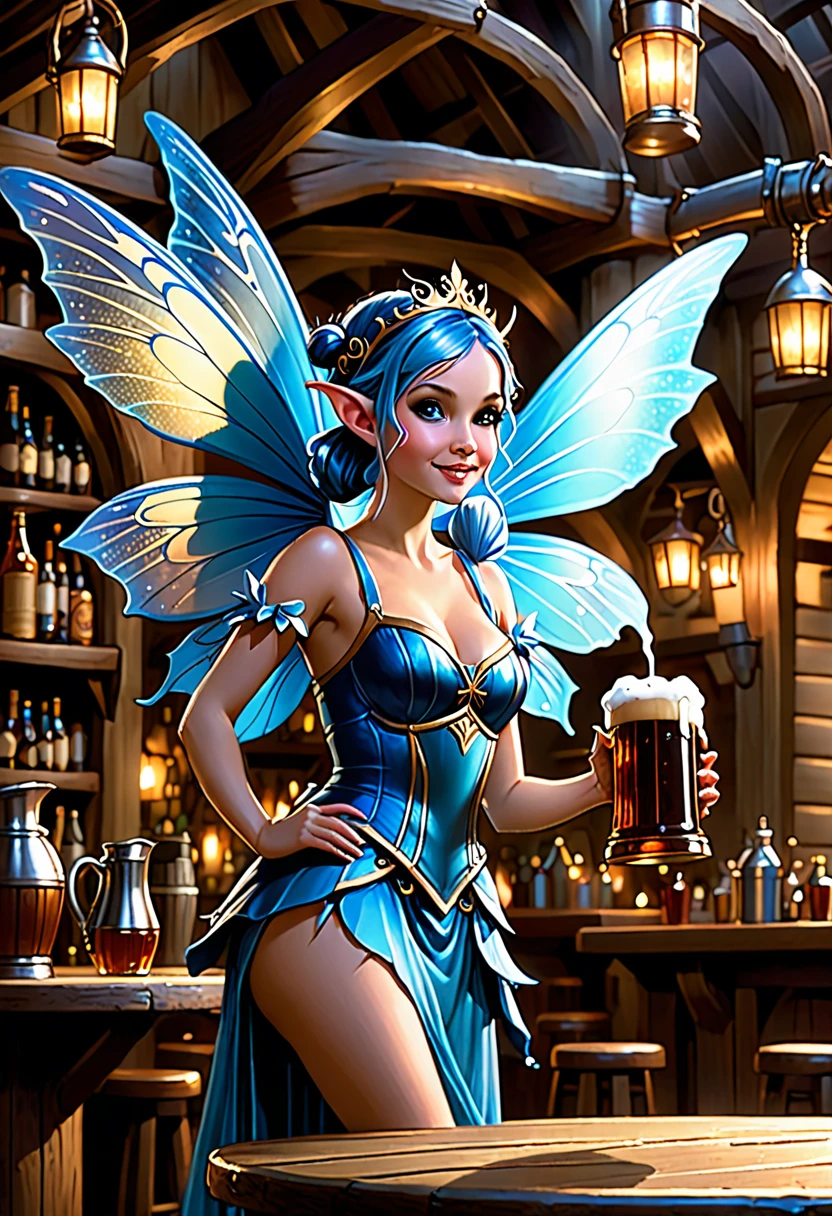 In a dimly lit fantasy tavern, a tiny blue fairy stands on a table. Her shimmering wings are folded behind her as she holds a giant flagon of ale above her head. Her neck is craned back as she catches a gigantic drop of foamy ale in her mouth