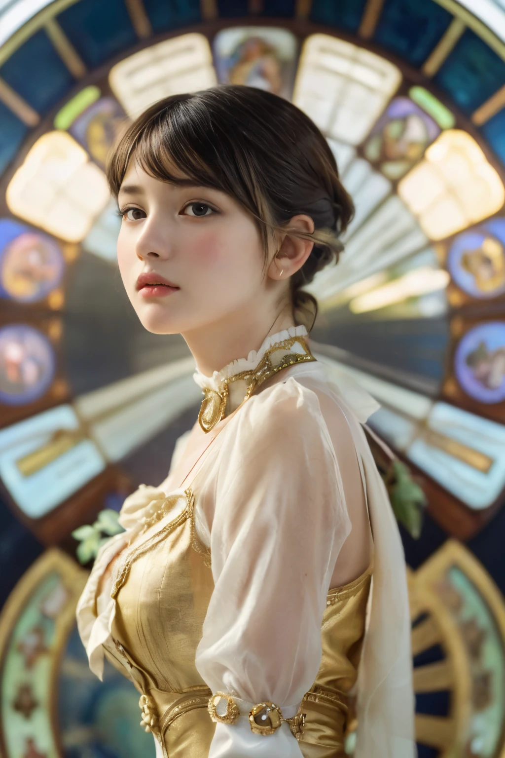 
((masterpiece:1.4, Highest quality)), (Realistic photos:1.4), (artwork),
((1 Girl)), (Otherworldly beauty), (dream-like),
(超High resolution:1.2), Very delicate and beautiful, wonderful, Very detailedな CG Unity 8k 壁紙, Very detailed, High resolution, 
Soft Light, Beautiful detailed girl, Very detailedな目と顔, Beautiful and exquisite nose, Beautiful and exquisite, 
(Dressed in early 20th century French costume:1.3),
Cinema Lighting, Perfect Anatomy, Slender body, (Parted bangs),
(Portrait of a Girl by Alphonse Mucha:1.5), (Abstract Background), (Designed picture background),
Cowboy Shot