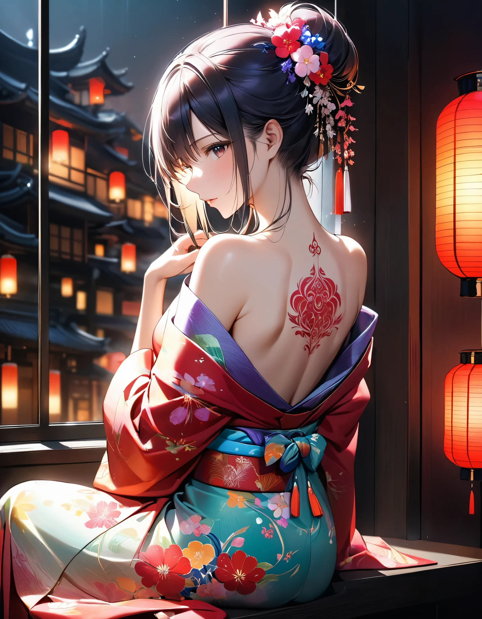 Mature woman sitting showing her bare back:A girl wearing an expensive kimono,
The top half of the kimono is removed, Smooth, moisturized and firm skin texture, Detailed and attractive back,
A corner of the red light district, A dark background that makes the subject stand out, The soft light of the lantern,
BREAK Woman has full back tattoo:Flower pattern all over the body:Colorfulな,
BREAK Highest Quality, Highest Resolution, Detailed and crisp image quality, 16K, Super Retina,
A luxurious kimono with a delicate pattern, melancholy, fatigue, Tie back long hair, A night view with a sense of wabi-sabi from the window,
Detailed and complex, Colorful, Transparent full color coating, Light and Dark, High Contrast,
Upper Body Shot, The lower half of the body wrapped in a kimono,