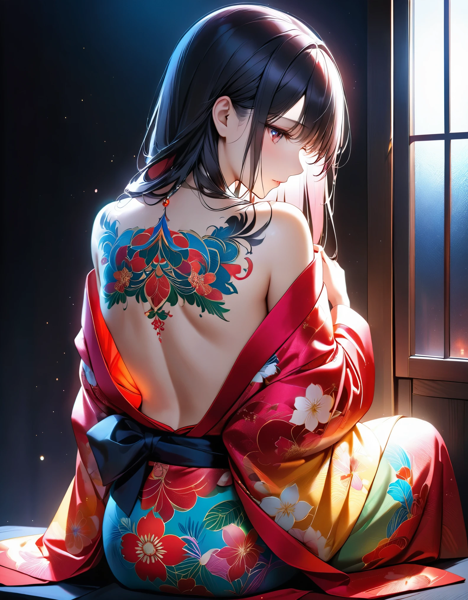 Best quality, masterpiece, A young yakuza girl with small horns with a tattooed face, tattooed shoulders and tattooed arms is sitting in profile in neon light room