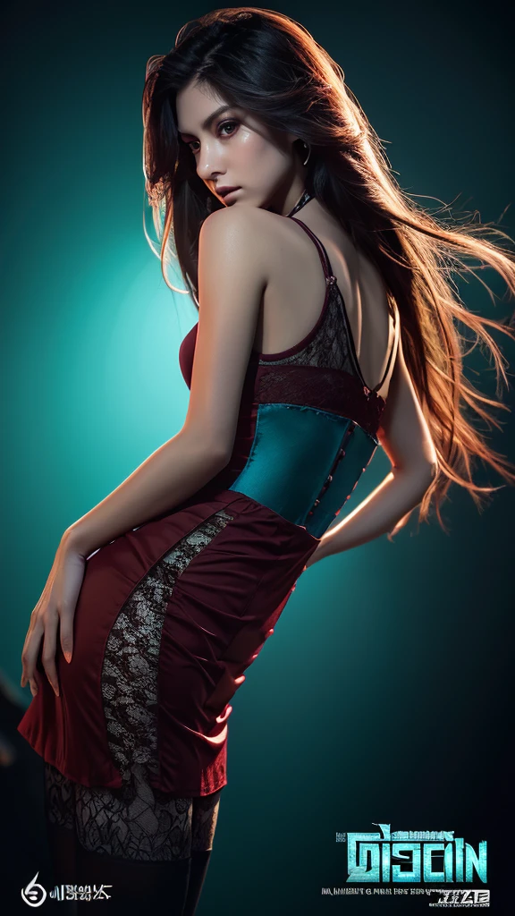 Waist high, fantasy art, photorealism, dynamic lighting, art station, poster, volume lighting, highly detailed face, perfect eyes, (official uniform: 1.4), long hair, maroon cyan lace dress, delicate clavicle, bare shoulders, Breast augmentation, small waist, hips, legs, crouching, from behind, looking at viewer, neon backlit