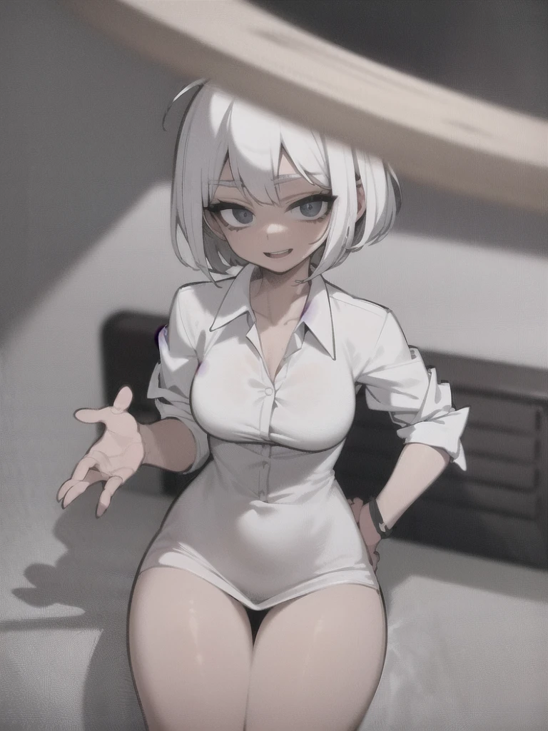 ((masterpiece, best quality)), (1girl), (solo), (female focus), (ahoge, white hair, short hair), black eyes, light smile, open mouth, ((white shirt), (buttoned shirt), (button gap)), ((black skirt), (short skirt)), white background, sexy hips, sitting on toilet ((panties pull))