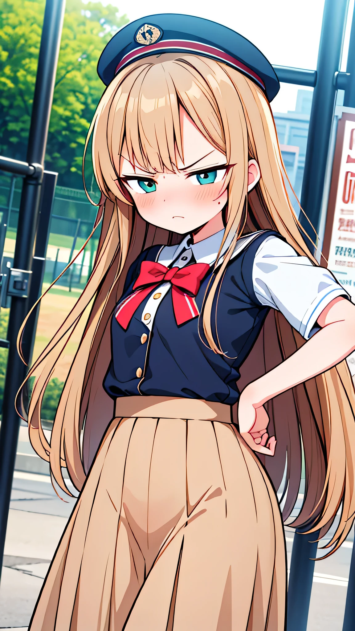 {Highest quality], [Super beautiful], [Ultra fine], [Best illustration], NSFW,Brown Hair, Hime cut, Long Hair, With bangs, girl, Uniform cap,Security uniform,Woman with an angry face,blush, Slender women,Short sleeve,Long straight skirt, Adult women,(Public）Night Park, Strike a Pose,Woman Close-up