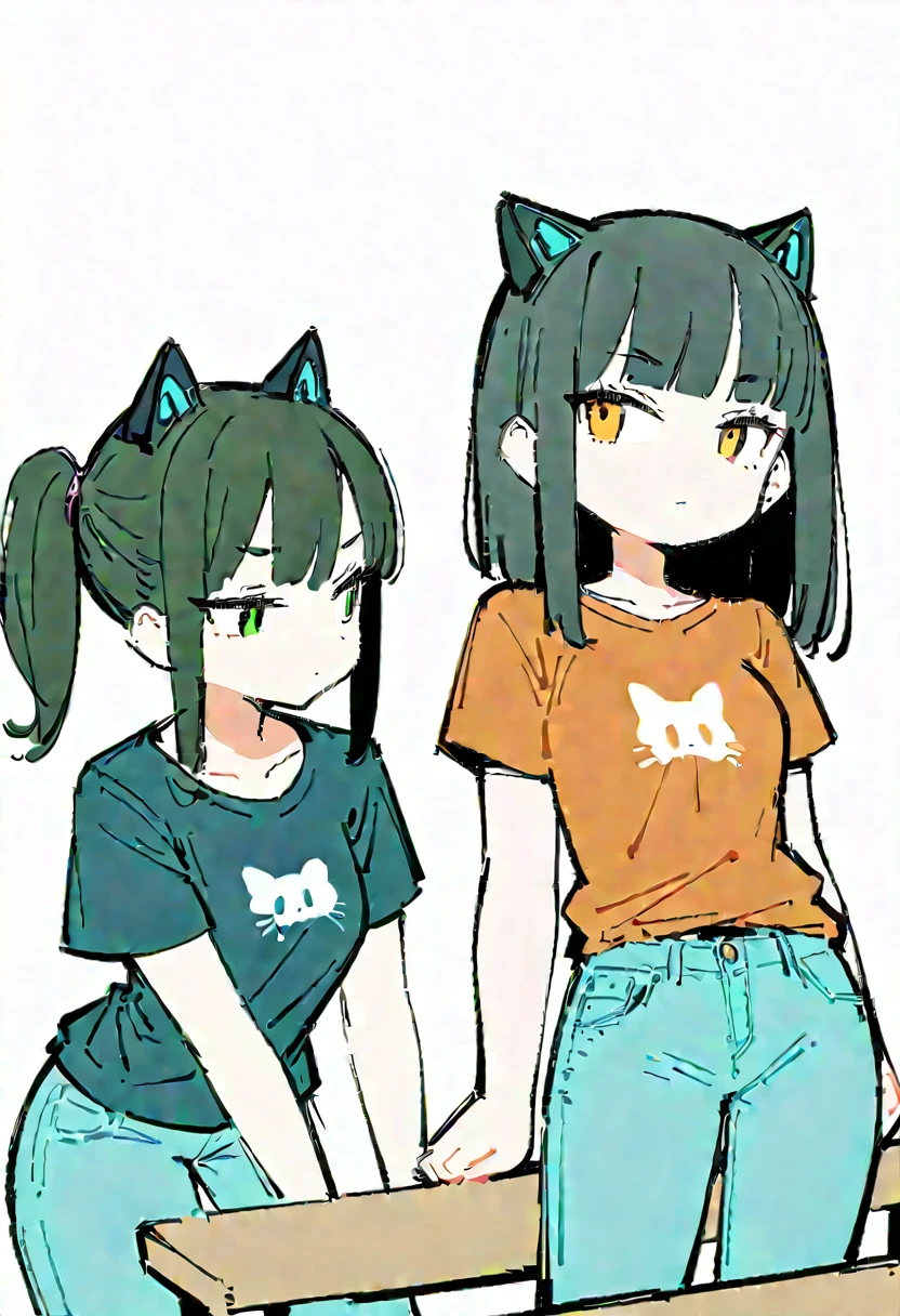 ((Anxious look)) ,(Thick painting style),Bold line, ((masterpiece,)),(((Highest quality))),(sketch),((Girls in their 20s)),Short black hair,Black cat ears,T-Shirts,jeans