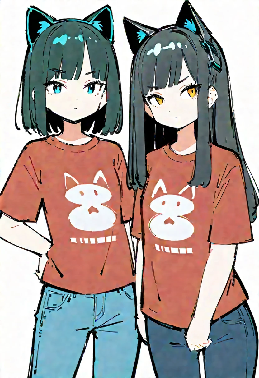 ((Anxious look)) ,(Thick painting style),Bold line, ((masterpiece,)),(((Highest quality))),(sketch),((Girls in their 20s)),Short black hair,Black cat ears,T-Shirts,jeans