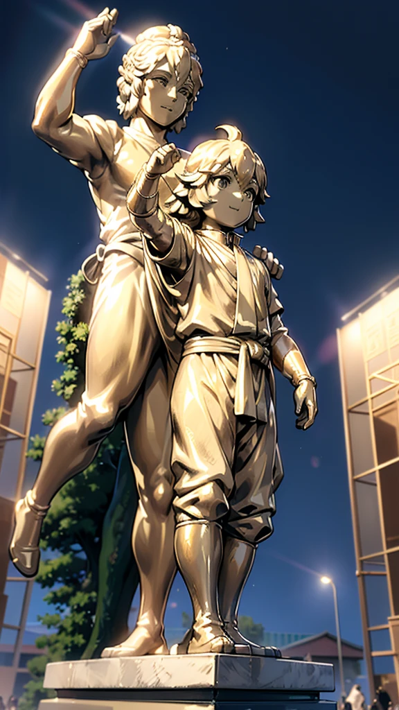 一个男孩的Gold statue旁边停着一只燕子。王子的Gold statue，Prince style，Prince costume，Court dress，Gold statue，男孩的Gold statue，带着黄金冠冕的Gold statue，脚边停着一只燕子的Gold statue，Golden Boy Statue，Gold statue，Cute boy，British style，Victorian style，crown，crown，Golden Boy Sculpture，Golden Boy Statue，Gold statue，佩剑的Gold statue，腰带上挂着配剑的Gold statue，Giant golden statue，Giant golden statue，Outdoor Background，Smiling statue，Close-up shot from waist up