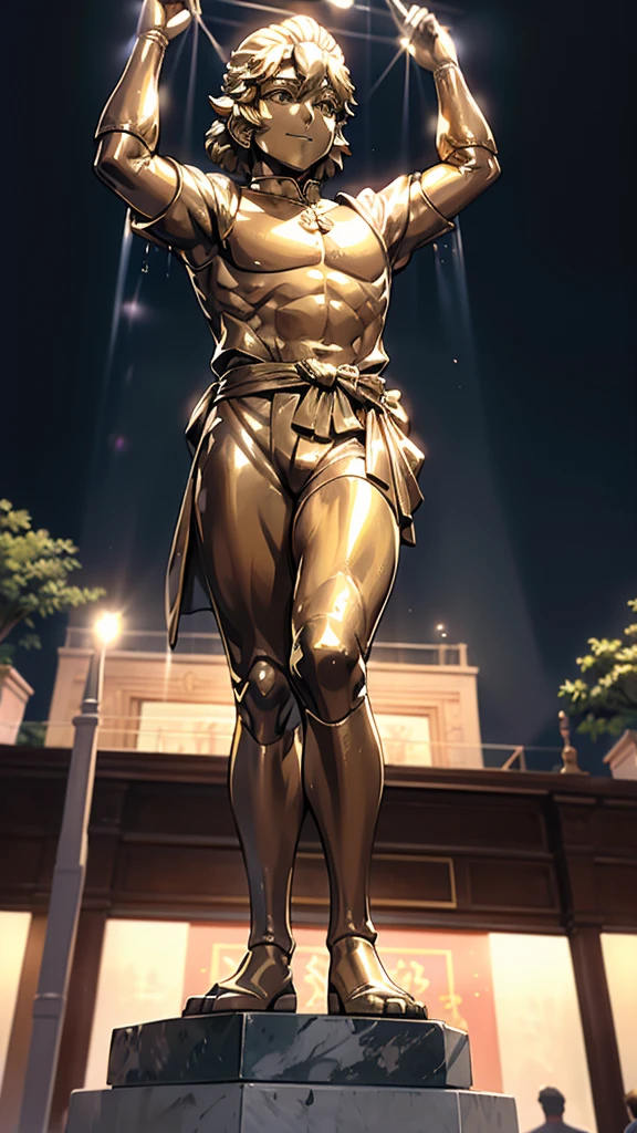 一个男孩的Gold statue旁边停着一只燕子。王子的Gold statue，Prince style，Prince costume，Court dress，Gold statue，男孩的Gold statue，带着黄金冠冕的Gold statue，脚边停着一只燕子的Gold statue，Golden Boy Statue，Gold statue，Cute boy，British style，Victorian style，crown，crown，Golden Boy Sculpture，Golden Boy Statue，Gold statue，佩剑的Gold statue，腰带上挂着配剑的Gold statue，Giant golden statue，Giant golden statue，Outdoor Background，Smiling statue，Close-up shot from waist up