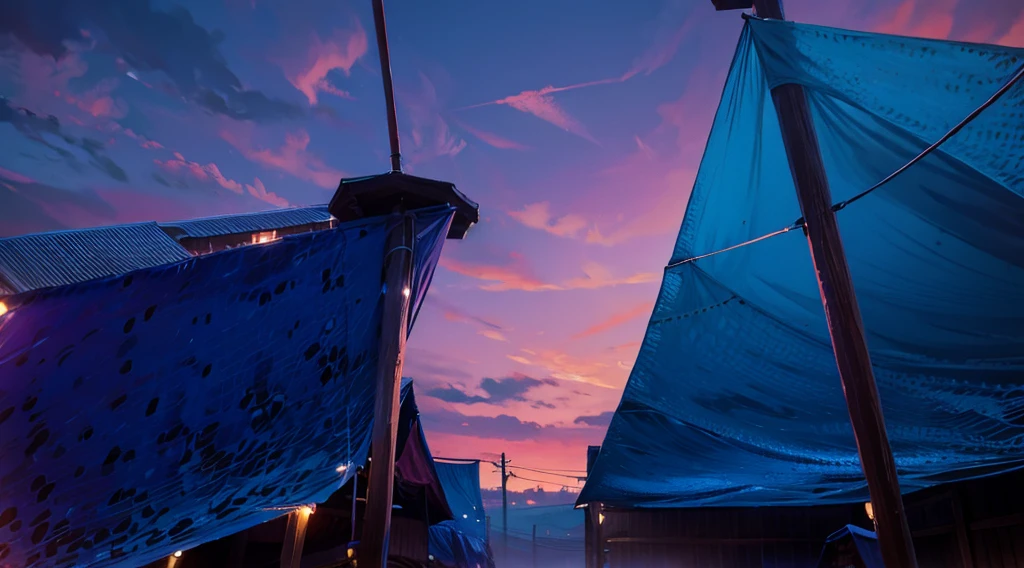 (under tarp canopy, wooden pole, under the market tents, under the canopies), wire, buildings roofs farr away, low angle, dawn sky, daybreak,
