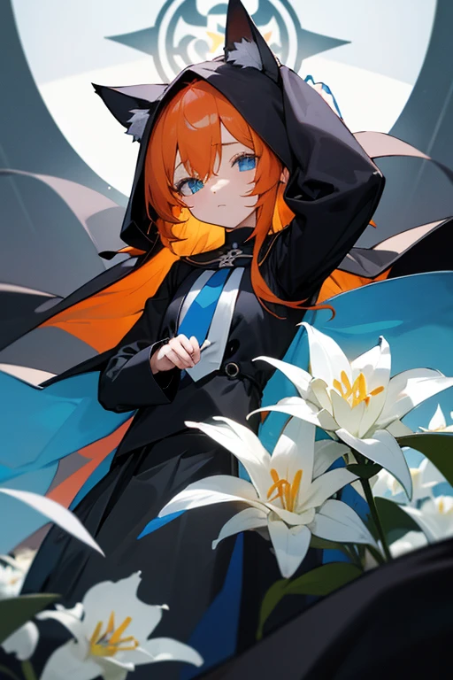 Blue Archive、Marie、Orange Hair、Soft chest-length hair、Bright Blue Eyes、gently、Priest、younger sister、Cat ear、A yellow halo appears above my head、Flower-shaped halo、Black monastic vestments、White and black skirt、Light blue tie、Wearing a black hood、White Lily、