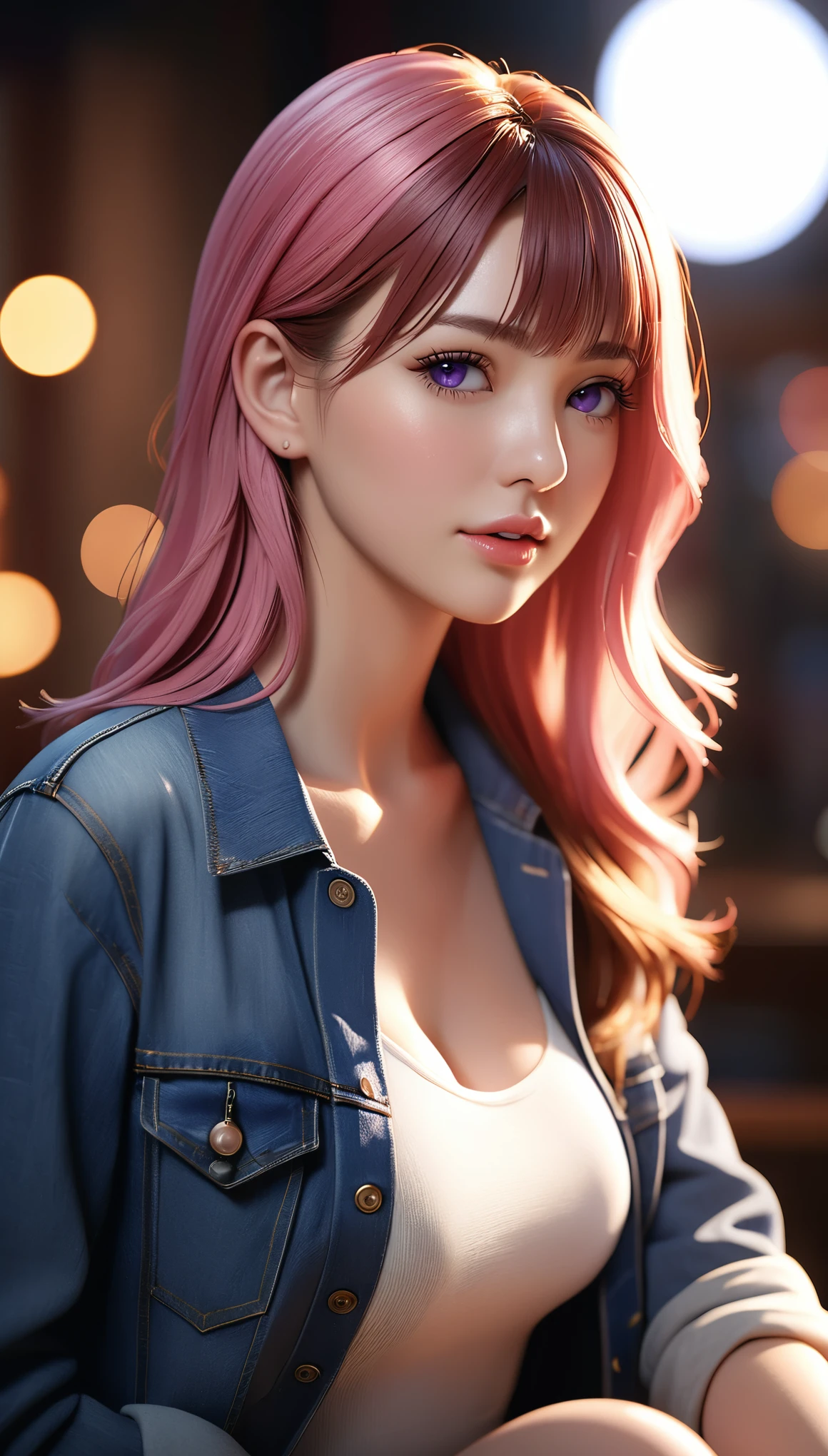 best quality, masterpiece, High resolution, portrait, actual, Purple Eyes, Pink hair, Large Breasts, 8K resolution, high qualityCG, Beautiful CG, Soft Light, fashion brand image, Fashionable and casual, The Tyndall effect, lifelike, studio, Side lighting, (HD Skin:1.2), 8K超高清, sex, high quality, Volumetric lighting, confess, photography, 超High resolution, 8K, Bokeh, Shallow depth of field