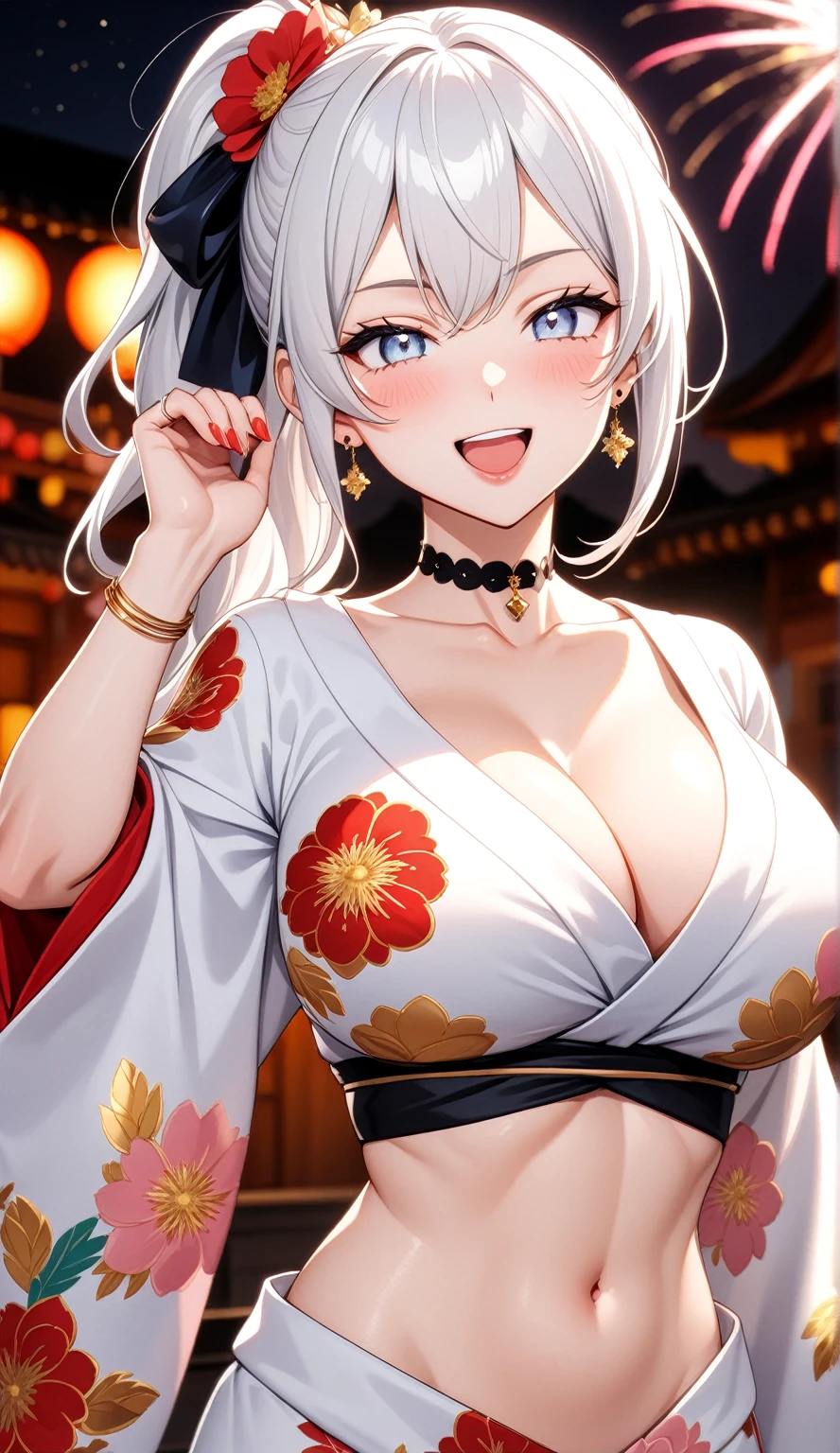 (One personの女性)), Beautiful Face, (Laughing embarrassedly), ((smirk)), ((Wink:1.8)), Laugh with your mouth wide open,((Bright red cheeks:1.4)),Shiny red lips, night,rooftop,Festivals, firework,Glossy pink lips,Facial lighting,((Anime style background)),masterpiece, Highest quality, so beautiful,up to date, Complex details, (((navel pierce)), (Pink long nails), (ring),(bracelet),(choker),AI-generated, Complex,High resolution, Highest quality, super high quality,3D Images、3D Images,One person,Long white hair in a side high ponytail,(blue eyes), ((Fine grain、Silvery white colorful eyes、Shining Eyes:1.3)), (Squint your eyes:1.1), Anime woman posing for a photo, a hyperRealistic , hyperRealistic , Realistic,Anime woman with long white hair, Smooth anime CG art, A woman in a colorful kimono with gold embroidery, (Black long sleeve kimono), Red floral pattern,Long flower hair ornament,Earrings,Mature Body,(Big Breasts:1.1),Tall,Abdominal muscles,Narrow waist,(Zoom in on face:1.3),