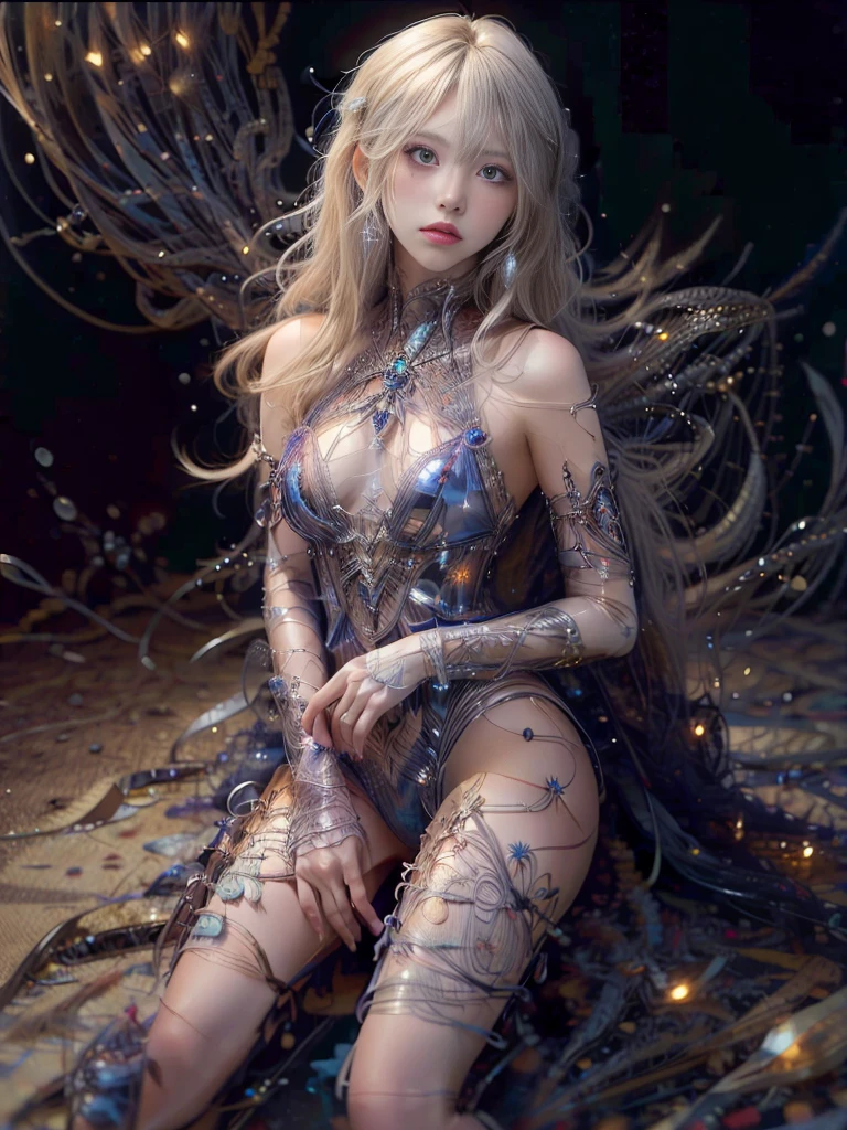 ((masterpiece)), ((Highest quality)), ((High resolution)), ((Detailed Background)), ((Highly detailed CG Unity 8k wallpaper)), alone, shiona,Blonde Hair, Long Hair, blue eyes, Hair bundle, Cowboy Shot, Nude 1.5、(((See-through 1.５)))，、Another World View、universe space、Open your mouth、Silver Hair、sitting、Place your right hand on your mouth 1.5