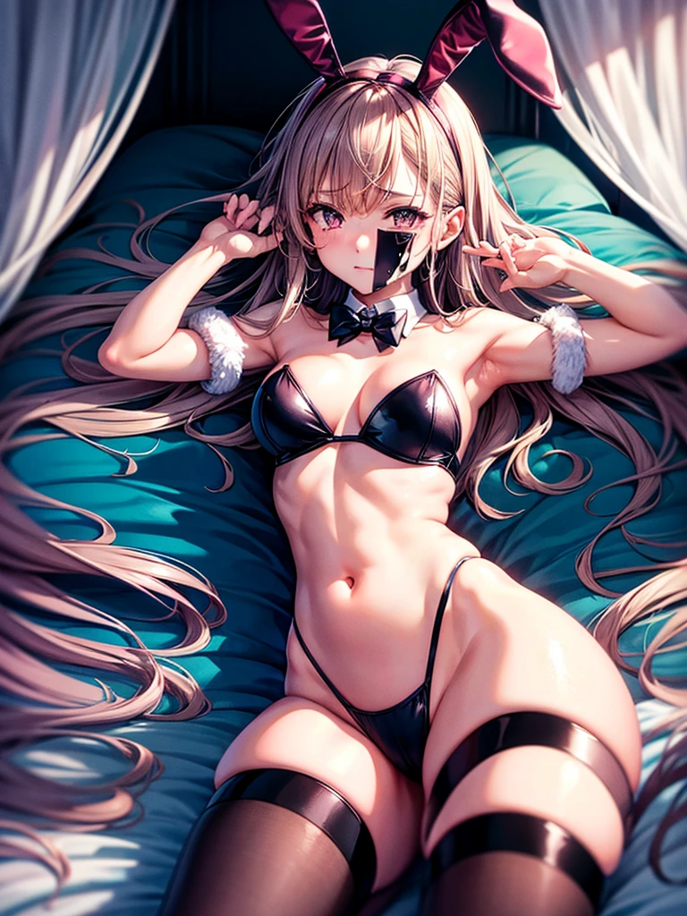Highest quality,Highest Resolution,A sexy bunny girl drools and sheds tears,Dark bedroom,whole body,High Leg,up,