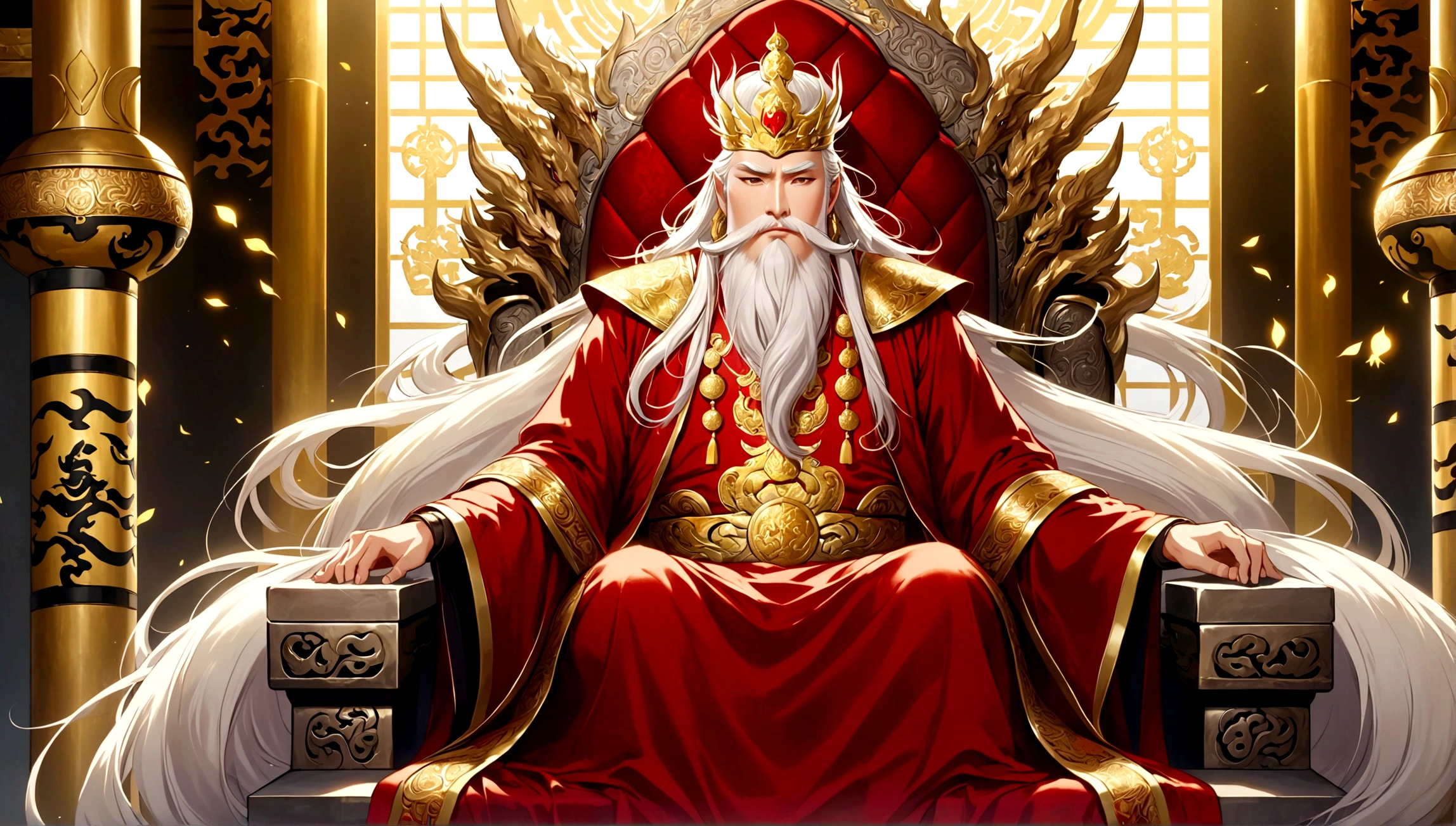 1 An old emperor named John,Tall, Square face.Silver long hair,Wearing a golden crown, Thick eyebrows,Long white beard.,Pale complexion, Wearing a gorgeous golden robe,Embroidered with dragon pattern.;1 A young general named Ken,Burly figure,Long face, Blonde short hair,Thick eyebrows,Short whiskers,Healthy bronze,Wearing a red armor,Symbol with sun,There is a golden sword on the waist; John is sitting majestically on a glittering throne。Ken stands in front of the throne,Looks like he's protecting the man sitting on the throne,There was an air of respect and loyalty between the two.。