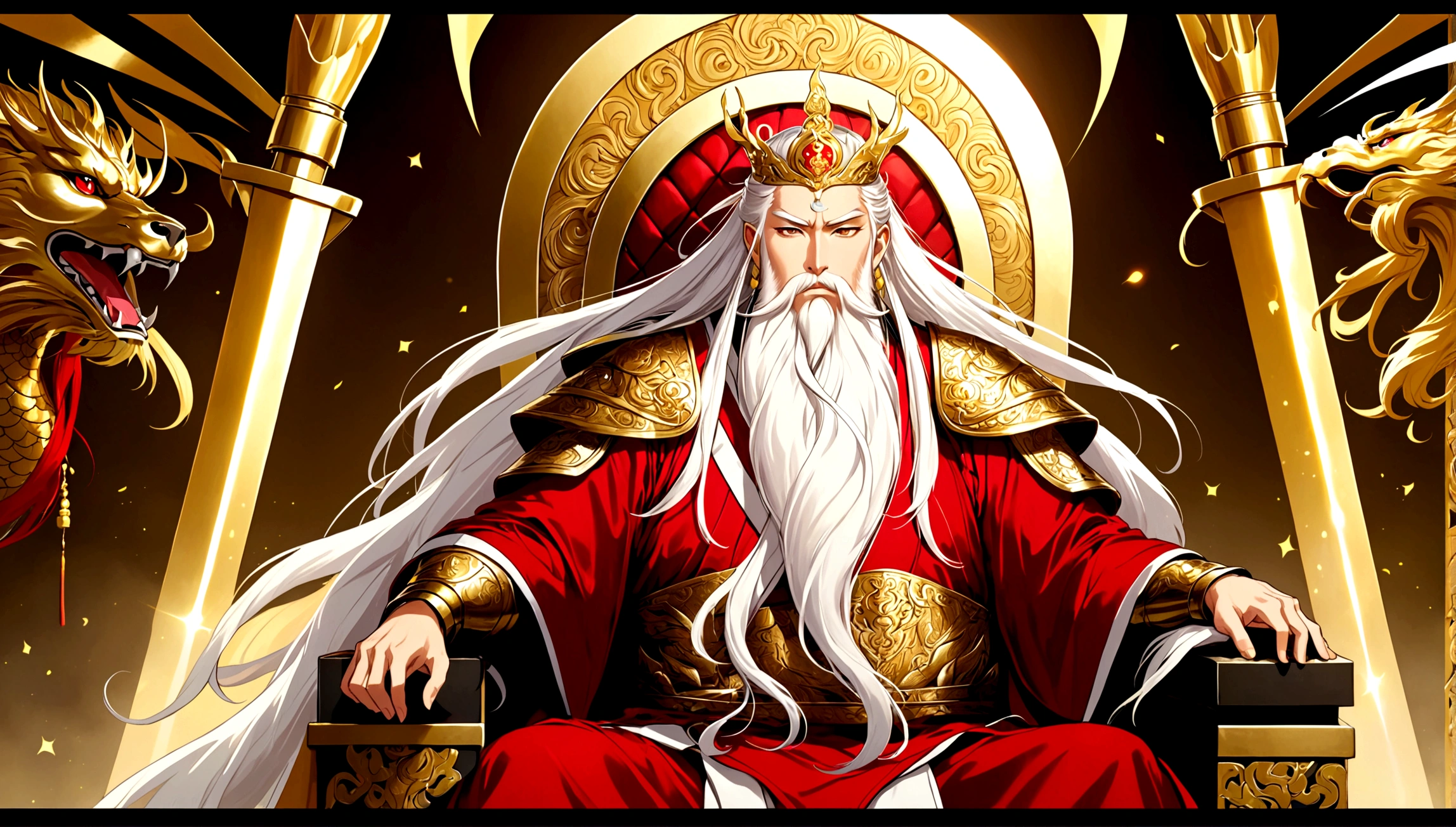 1 An old emperor named John,Tall, Square face.Silver long hair，Wearing a golden crown, Thick eyebrows,Long white beard.,Pale complexion, Wearing a gorgeous golden robe，Embroidered with dragon pattern.;1 A young general named Ken,Burly figure,Long face, Blonde short hair，Thick eyebrows，Short whiskers，Healthy bronze,Wearing a red armor，Symbol with sun，There is a golden sword on the waist; John is sitting majestically on a glittering throne。Ken stands in front of the throne,Looks like he&#39;s protecting the man sitting on the throne，There was an air of respect and loyalty between the two.。