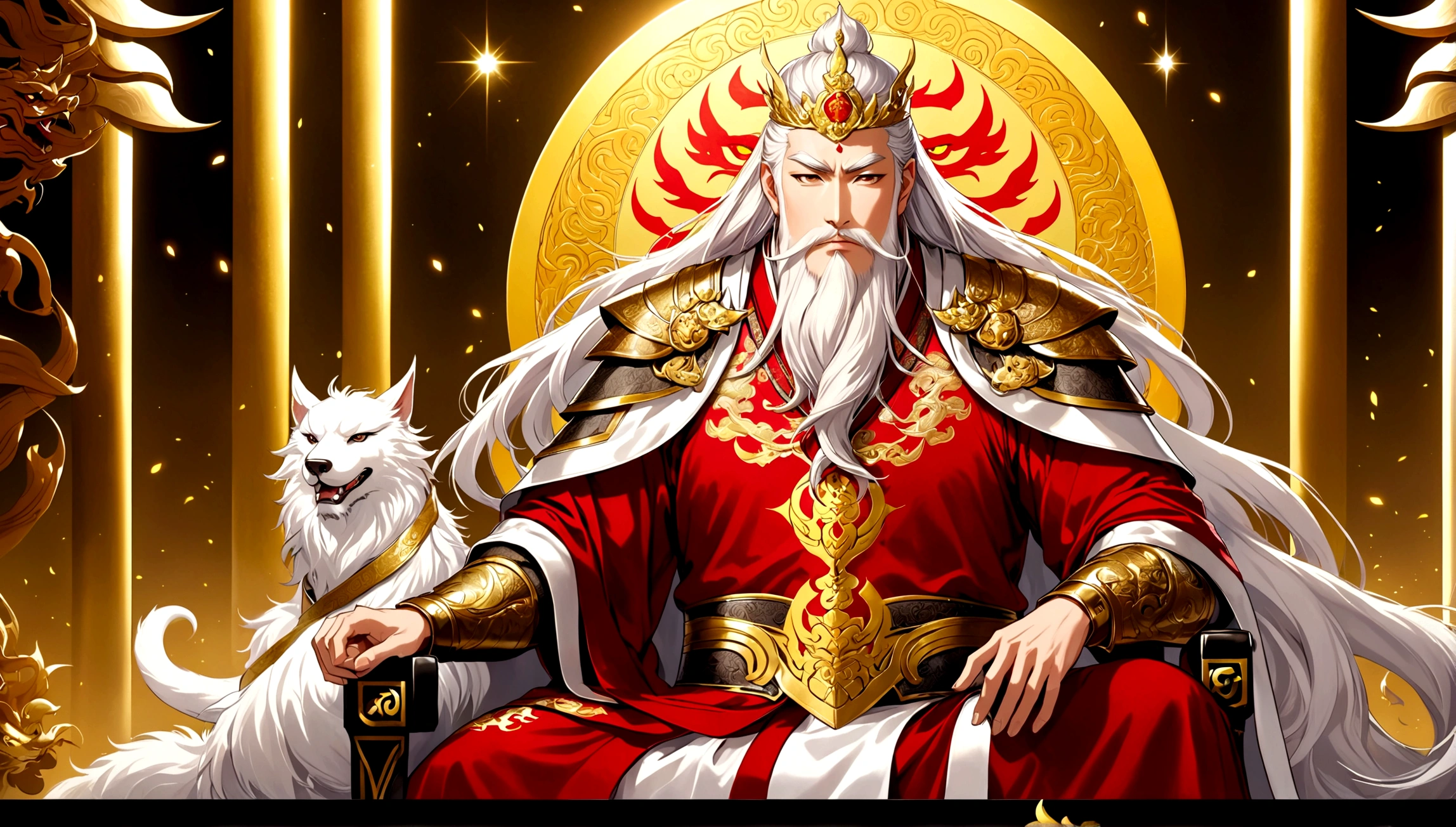 a majestic elderly chinese man with a large square face, dignified yet benevolent expression, long silver white hair neatly combed, wearing a golden crown, thick eyebrows, long white beard, symbolizing wisdom and nobility, pale skin radiating a divine glow, dressed in a luxurious golden robe embroidered with dragon patterns, embodying supreme authority