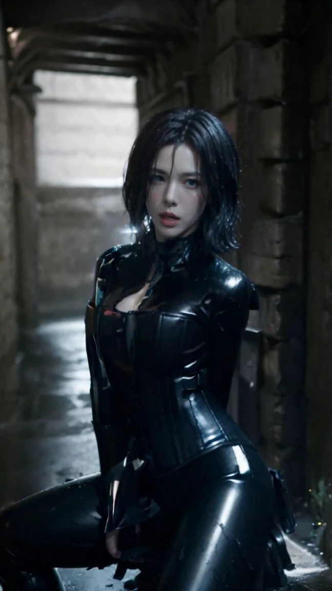 (masterpiece), best quality, expressive eyes, perfect face, underworld death dealer, underworld, Zipper, latex bodysuit, black hair, vampire fang, HD, sitting, leather corset, blue eyes, Kate beckinsale, British, gun, legs, wet, holster, leather boots, selfie, sweating slime, gloves, pink nipples, five fingers 