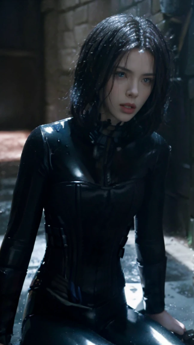 (masterpiece), best quality, expressive eyes, perfect face, underworld death dealer, underworld, Zipper, latex bodysuit, black hair, vampire fang, HD, sitting, leather corset, blue eyes, Kate beckinsale, British, gun, legs, wet, holster, leather boots, selfie, sweating slime, gloves, pink nipples, five fingers 